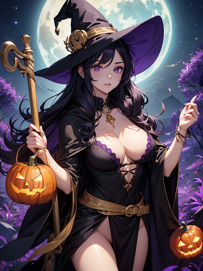 one-girl,(sorceress woman),huge tit,Sit on a broomstick,Fly in the air,magia,(halloween),borgar,Carrying a jack-o'-lantern,the bats,
