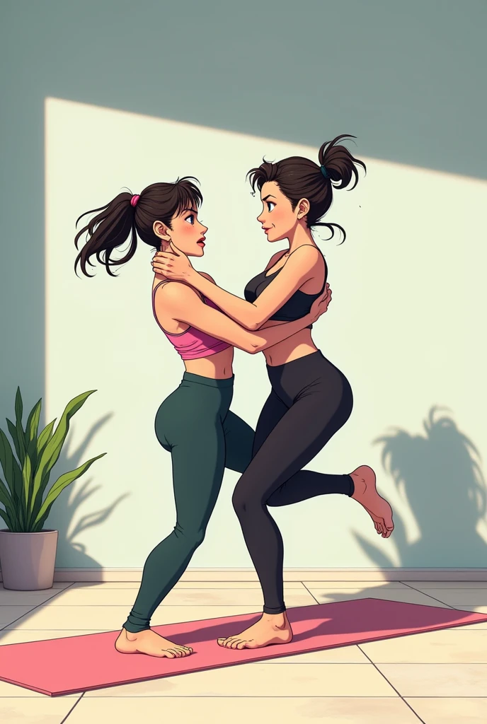full body Esbian、A Japanese Lady、独奏、Highly detailed CG Unity 8K wallpapers、top-quality、ultra-detailliert、masterpiece、realisitic、Photo Real、Beauty Yoga Instructor、Blue Sports Bra、grey leggings、((Short bob hair))、40 years、You can see the shape of the nipple through the clothes、(abdominals:1.4)、(Beautiful Big Bust)、((Large breasts))、yogastudio、gym、yoga mats、wide Shots、Engaging pose、graceful body structure、yoga pose,
