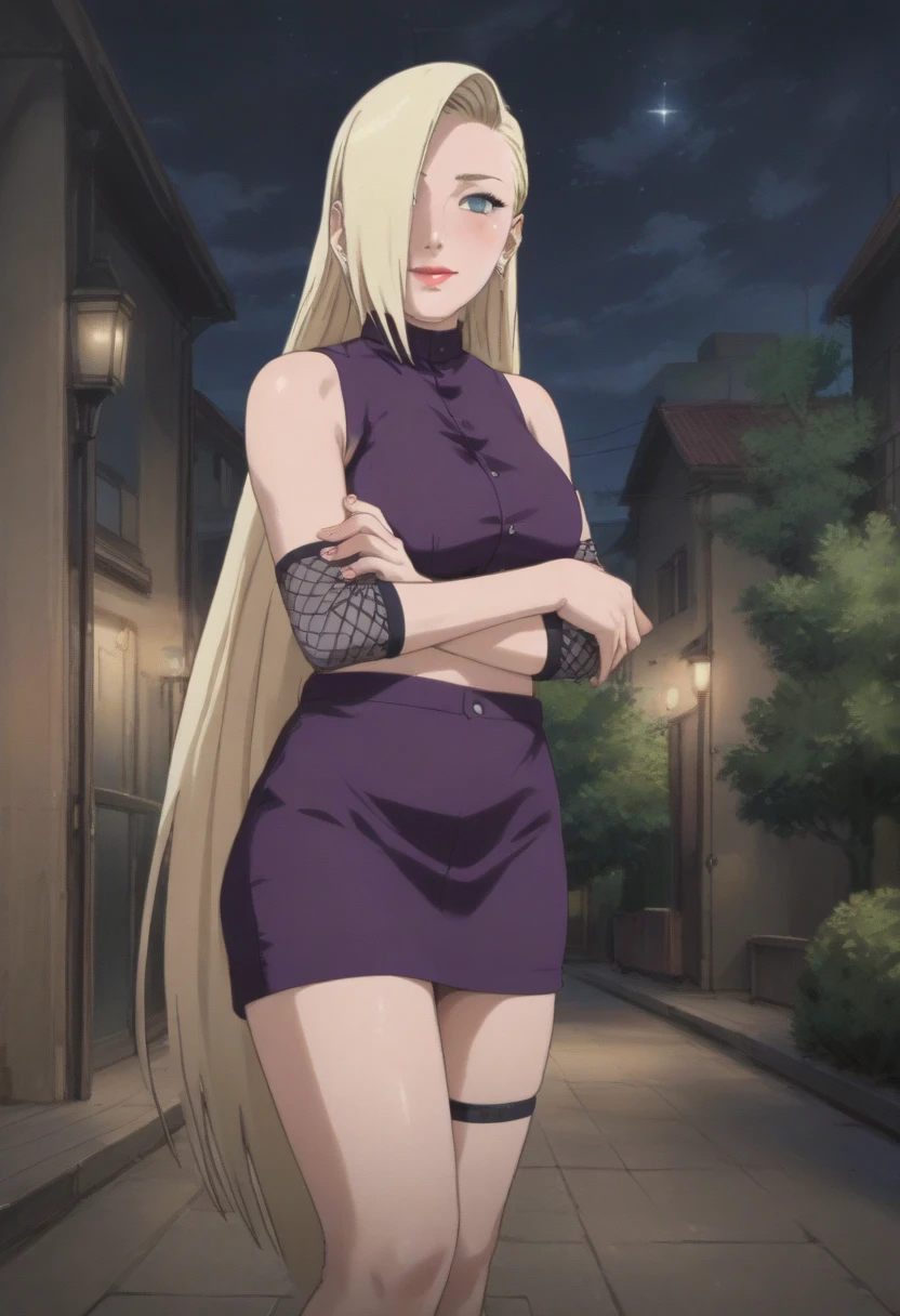 source_anime, masterpiece, newest, intricate details, anime screencap, official style, woman, ino yamanaka, woman, 25 y.o., blank period, long hair, earing, blush, smile, lipstick, shy, submissive, beautiful face, seductive, athletic build, voluptuous, purple high-collared blouse, mesh arm warmers, midriff, navel, purple miniskirt, minidress, beautiful legs, sexy legs, crossed arms, breast lift, breast hold, standing, looking at viewer, full body, night time, dark sky, dark atmosphere, lighting off, lights off, 