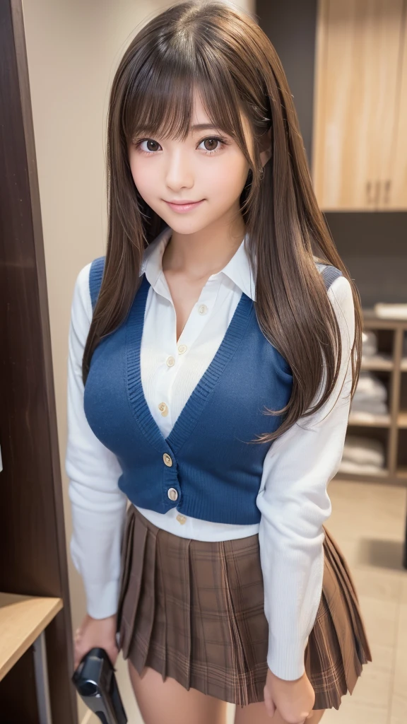 Product quality, One girl per photo, Cowboy Shot, Front view, Cute young Japanese women, Long Bob Hair, Standing with a big smile in front of the entrance to a luxurious mansion, ((Wear a navy blue jacket over a pink V-neck sweater, mini skirt)), Super cute face, Glossy Lips, Double eyelids on both eyes, Natural Makeup, shiny smooth light brown hair of Long Bob Hair, asymmetrical bangs, High resolution, Attention to detail, Detailed hairstyle, Detailed face, Cinema Lighting, Octane Rendering, Ultra-realistic, Perfect limbs, Perfect Anatomy, Black choker, Blue Eyes, Very long eyelashes, Big Breasts, bangs, Fantasy, ((Slim body, Slim face, Large Breasts, Cleavage)), A good attitude