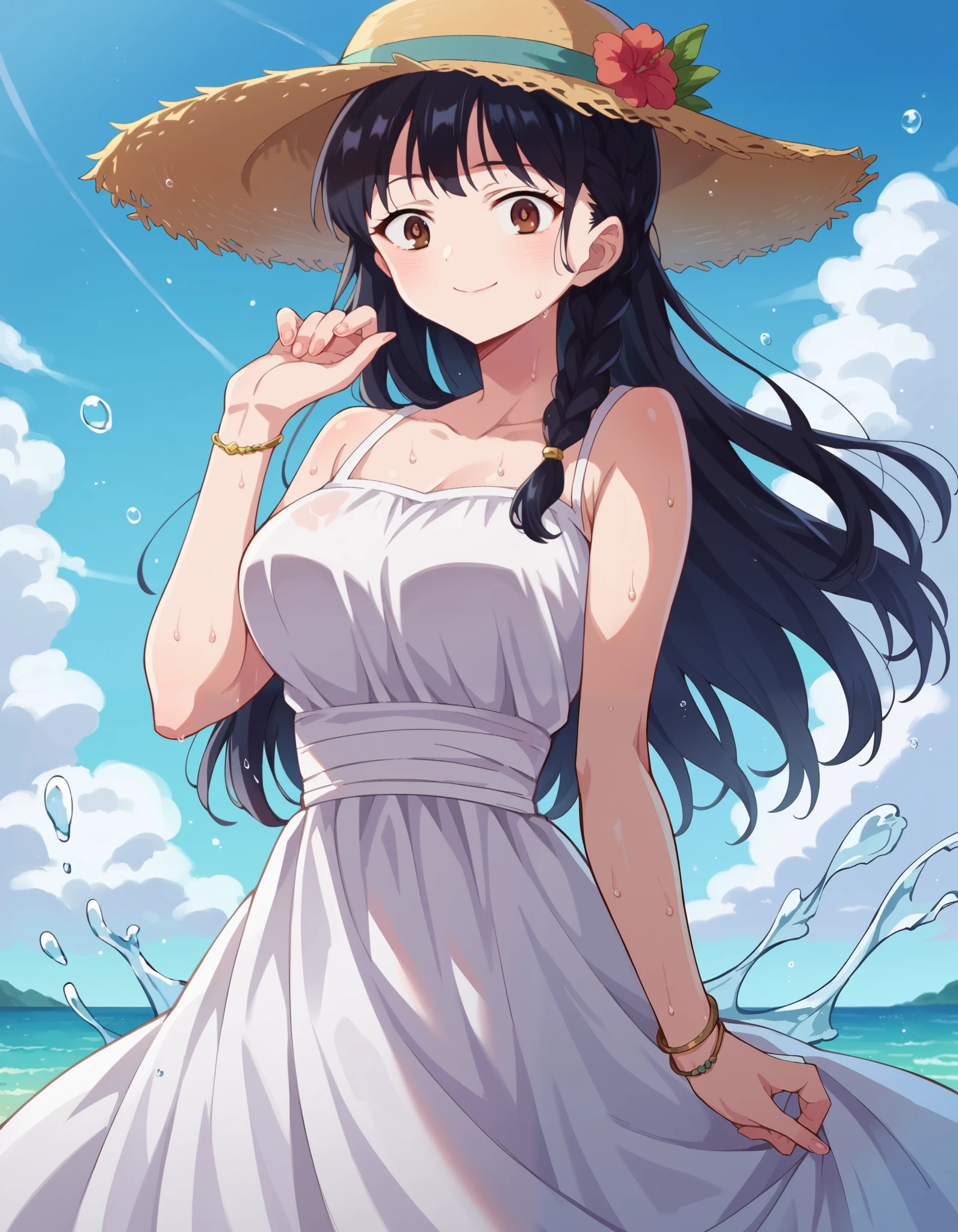 score_9, score_8_up, score_7_up, source_anime, annayamada, anna yamada, 1girl, black hair, breasts, brown eyes, blue sky, bracelet, braid, closed mouth, cloud, cumulonimbus cloud, day, dress, hat, jewelry, long hair, sky, solo, straw hat, smile, sweat, water, white dress
