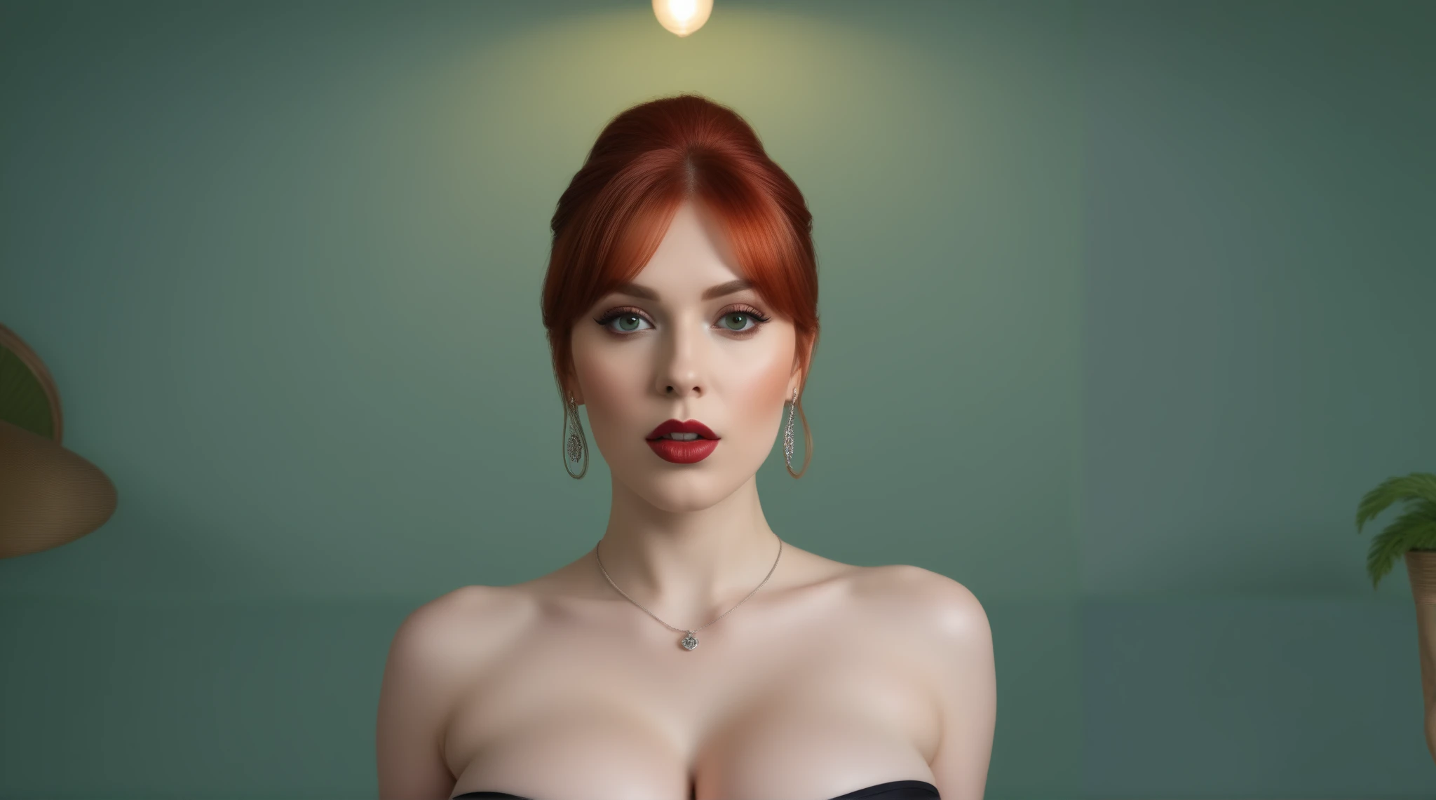 (masterpiece), (best quality), (ultra detailed),(vibrant red hair),(illustration), (1woman), standing, Fashion model, looking at viewer, (sexy), (high cheek bones) (detailed background),beautiful detailed eyes, silver necklace, delicate beautiful face,(high saturation), red hair, green eyes, pale skin, busty boobs, busty cleavage, thicc, curvy hips, sexy attire, sexy pose, whip in hand, cuck queen, domme, dominatrix, thick thighs, curvaceous woman