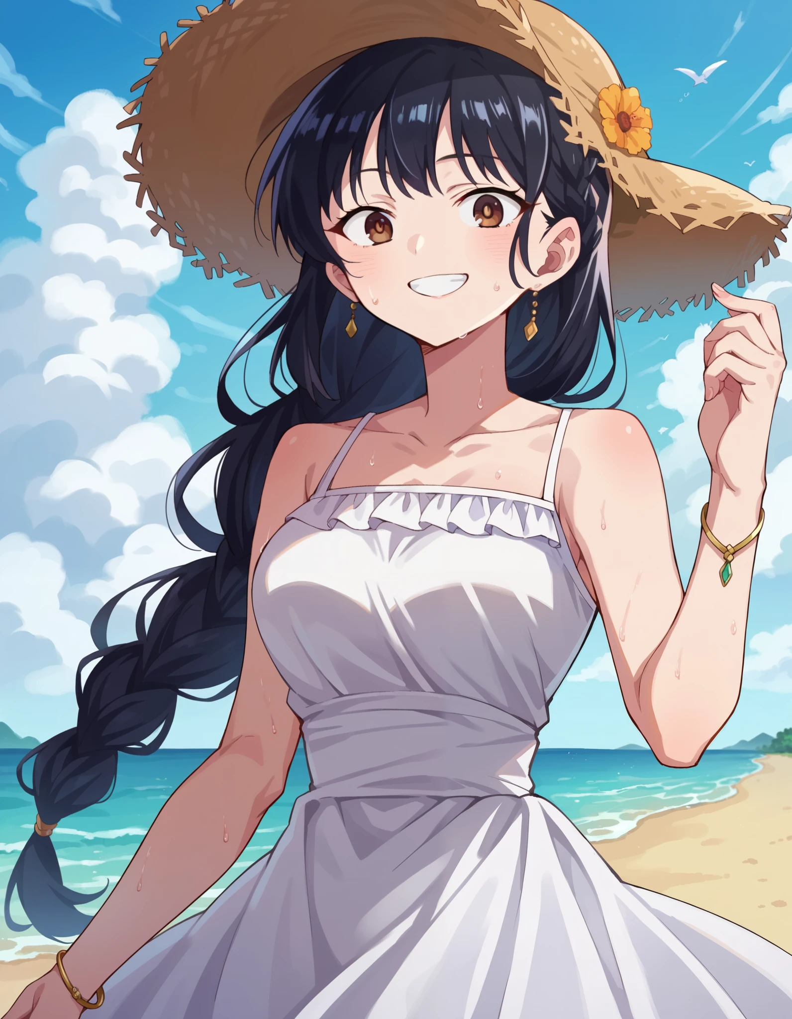 score_9, score_8_up, score_7_up, source_anime, annayamada, anna yamada, 1girl, black hair, breasts, brown eyes, blue sky, bracelet, braid, closed mouth, cloud, cumulonimbus cloud, day, dress, hat, grin, jewelry, long hair, sky, solo, straw hat, smile, sweat, water, white dress
