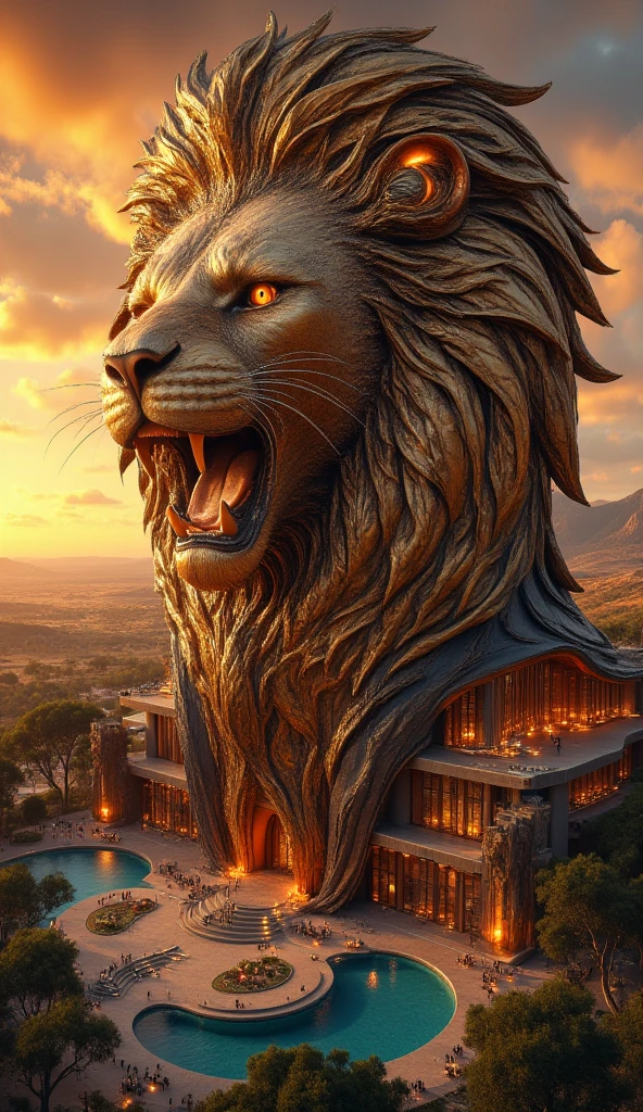 "A monumental structure designed as the head of a roaring lion, with a mane made of flowing golden and copper metal panels. The open mouth forms an arched entrance, and the glowing amber eyes symbolize courage and strength. The building features cascading terraces, large glass panels, and intricate carvings that mimic fur patterns. It is set against a backdrop of golden savannah plains under a fiery sunset, with acacia trees and a reflecting pool surrounded by soft lights."