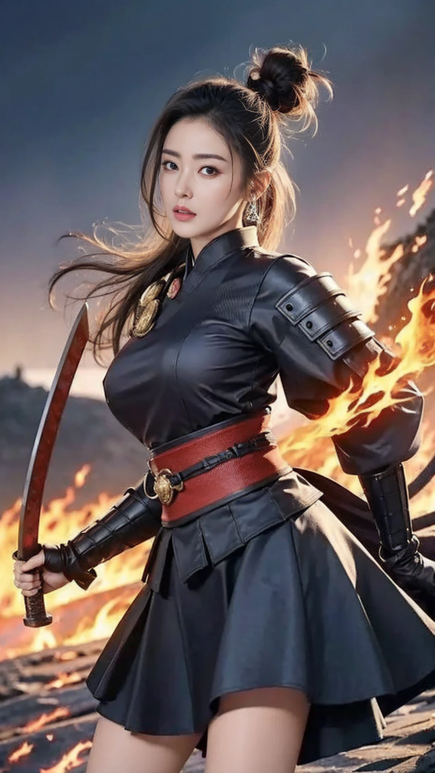 female, Holding a black sickle emblazoned with a symbol of Japan signifying death, Black flames emerge from the decoration., The sickle blade comes out of it.、A black wind blows with the ghost of a skull, Judy female with perfect face and scythe is wearing the appropriate outfit of scythe steel, The female has black hair, The woman is the incarnation of the Grim Reaper., (The background of the CG 8k module is very detailed) (Highest quality), (Best illustrations), (best shade), Very detailed t--v6