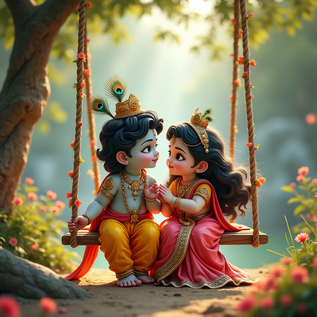 Anime Child god krishna playing along with child radha in swing near paddy field full of green grains cinematic