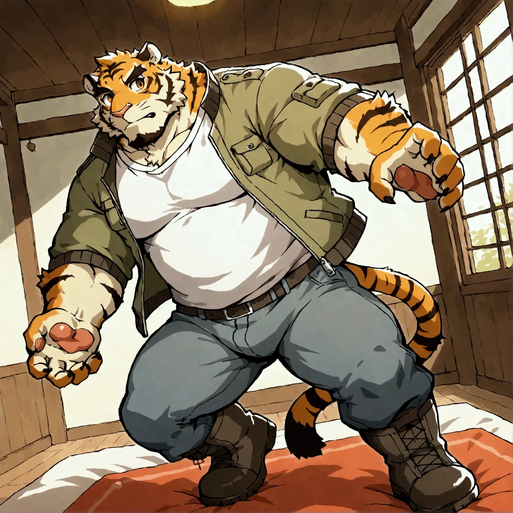 e621 illustration, osukemo, kemohomo, anthropomorphic, furry, cartoon, harmonious body, pastoral face, virtuous eyes, watercolor-like BREAK character focus, full body, looking away, dynamic angle, european fantasy, a musclegut middle-aged tiger man, jacket, shirt, pants, dynamic pose, BREAK complete anatomy, perfect proportions, beautiful thigh gap, fluffy body, intricate fur details, beautiful fur texture, BREAK a detailed tiger 1tail, detailed boots, detailed foot, detailed hands, 5fingers, 5fingers nails, BREAK manly, intense face, insanity detailed face, male face, big face, square jawline, aesthetic anime eyes, detailed brown eyes, detailed brown cornea, detailed dark brown irises, detailed pupils, male eyes, big eyes, male eyebrows, innocent look, beautiful beard, BREAK full body in Michelangelo Buonarroti style, digital illustration anime, housamo style, detailed painting landscape, bedroom, indoor, full color, HDR, BREAK masterpiece, official art, best quality, very aesthetic, absurdres, super fine illustration, great quality, BREAK noise reduction, very highres, large filesize, high quality, 32K, 8k wallpaper, dynamic lighting, BREAK insanity detailed, ultra detailed, intricate details, extremely detailed, detailed texture, an extremely delicate and beautiful, 