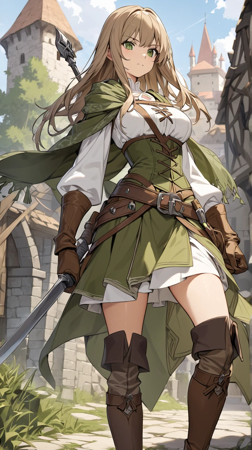 Huntress girl light brown hair, wearing an olive green asymmetrical medieval-style skirt, brown knee-high boots, and a white blouse has a short olive-green shawl with intricate details in the fabric. brown gloves and a bow, ready for battle. clothing and boots have detailed textures for high-definition representation.


