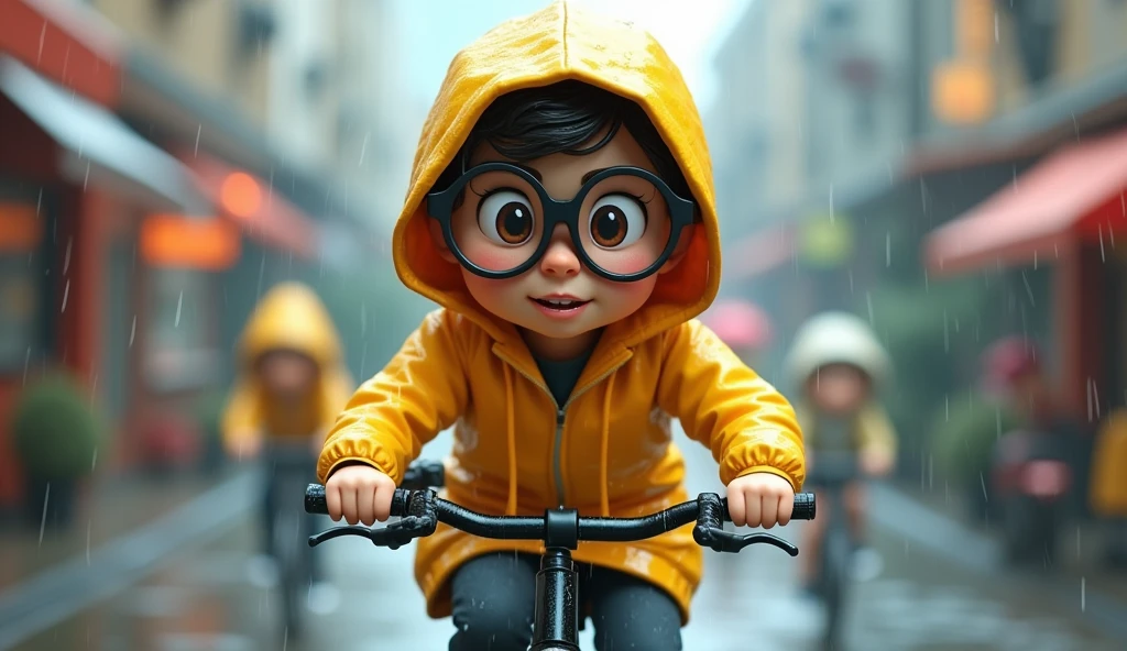 guttonerdvision3, portrait of a happy 3-year-old boy wearing glasses, detailed face and skin, with (yellow hooded raincoat covering his very wet head), with a cup of hot coffee in his hands. It rains a lot in the city. The ultra realistic and detailed scene. Drawing with the touch of designer Alex Ross, UHD, depth of field