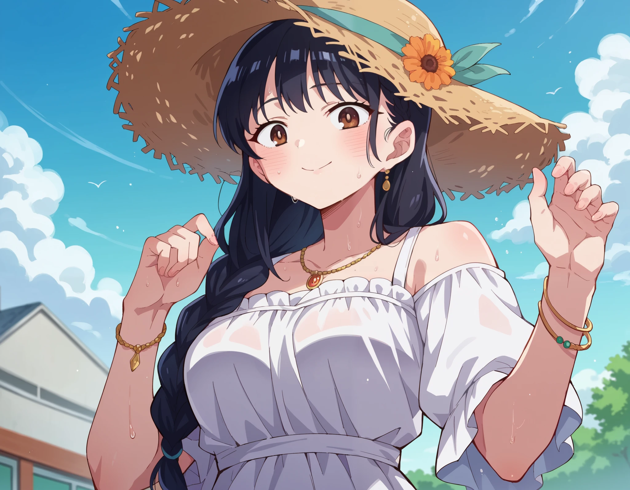 score_9, score_8_up, score_7_up, source_anime, annayamada, anna yamada, 1girl, black hair, breasts, brown eyes, blush, blue sky, bracelet, braid, closed mouth, cloud, cumulonimbus cloud, day, dress, hat, jewelry, long hair, sky, solo, straw hat, smile, sweat, water, white dress
