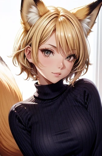 (high resolution),(best quality),(detailed face),8k,4k,(girl),vixen,(fox ears,fox tails),(blonde hair,very short hair),sweater