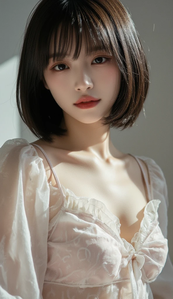 รอยsmile、tits look、(Translucent shirt:1.2)、(in 8K、Highest quality、Masterpiece:1.2)、(real、photorealistic:1.37)、Superb details、1 woman、cute、sit、date、(Shy your nose.)、 (perfect beautiful face:1.15)、(smile)、Delicate beautiful eyes、daytime、、short hair、(short hair:1.5)、floating hair、body、20 year old woman、brown hair、、brown eyes、big breast ,small head、((M Cup Fashion Girl、beautiful eyes、real face、real skin、real-looking face、Real skin、good eyes、Look at the face and chest carefully.、, (The shape of the penis can be clearly seen.), A lot of eyelashes。black eyeshadow。bright red lips。pubic hair。The lower abdomen is hairy.。thin。thighs open。There is a lot of pubic hair。The titss are very prominent, And a delicate body type、camel'with toe、Pussy sticking out_tits