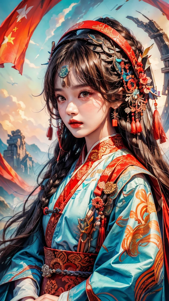   High Resolution  ,   high detail,   High Quality  ，Reality， Colorful Xiafeng ， Beautiful Chinese Woman ，Bangs, long hair, Head Decoration ，穿著 Colorful Xiafeng 服， watching people 