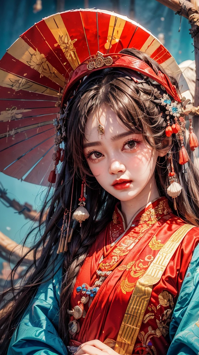   High Resolution  ,   high detail,   High Quality  ，Reality， Colorful Xiafeng ， Beautiful Chinese Woman ，Bangs, long hair, Head Decoration ，穿著 Colorful Xiafeng 服， watching people 