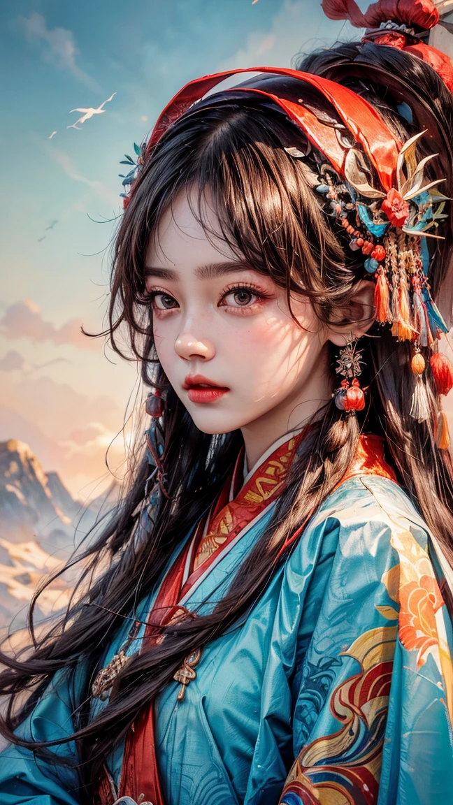   High Resolution  ,   high detail,   High Quality  ，Reality， Colorful Xiafeng ， Beautiful Chinese Woman ，Bangs, long hair, Head Decoration ，穿著 Colorful Xiafeng 服， watching people 