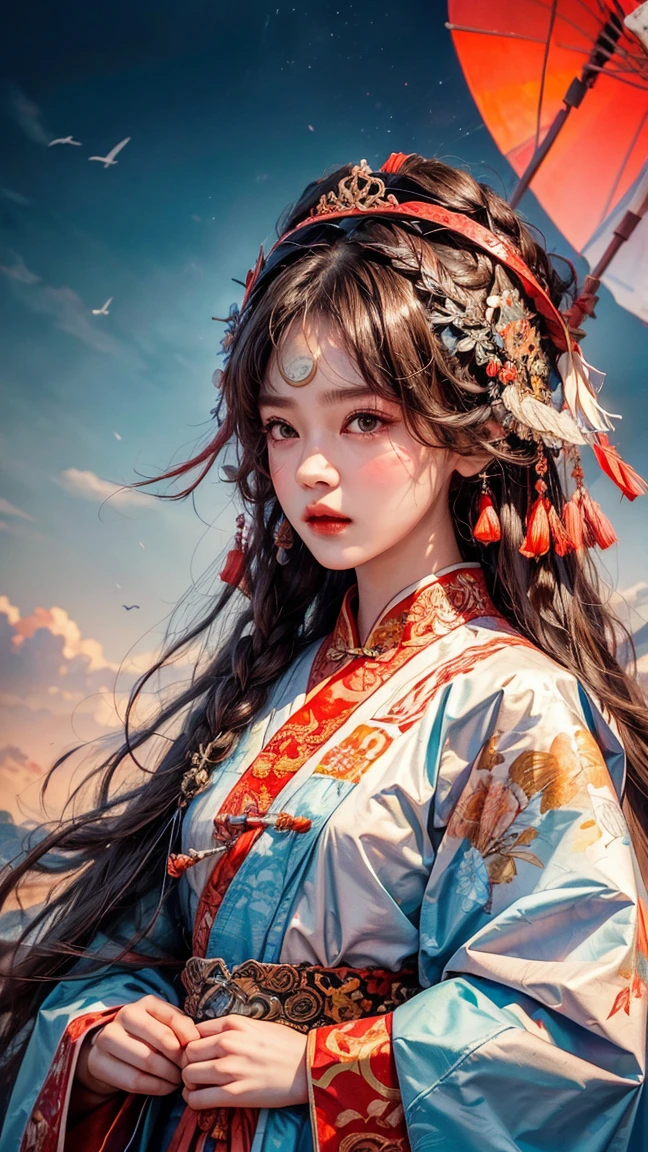   High Resolution  ,   high detail,   High Quality  ，Reality， Colorful Xiafeng ， Beautiful Chinese Woman ，Bangs, long hair, Head Decoration ，穿著 Colorful Xiafeng 服， watching people 