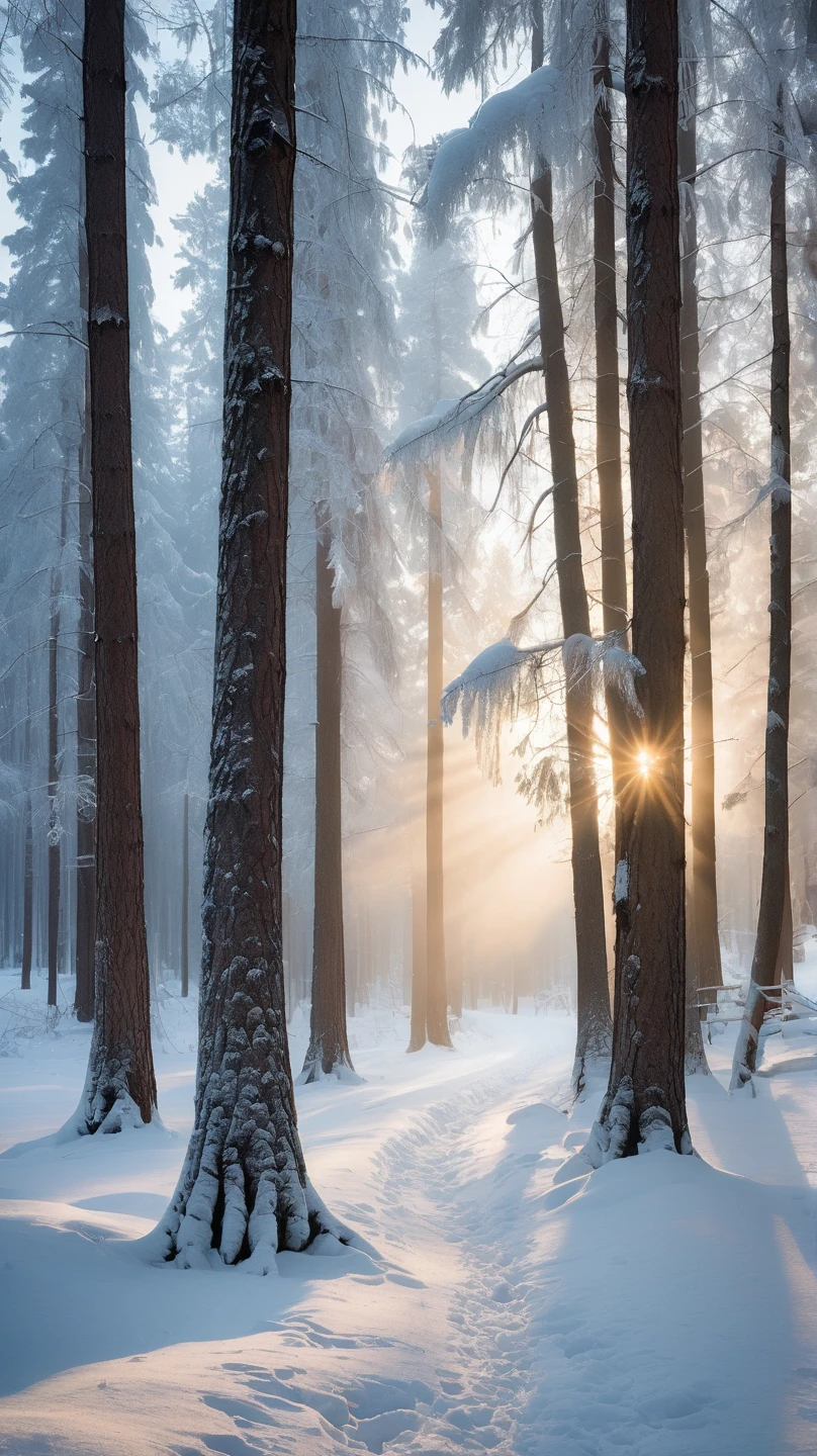 "A breathtaking winter forest blanketed in pristine white snow, with towering pine and spruce trees dusted with frost. The scene captures the golden hour light filtering through the branches, creating a warm glow against the icy blues and whites. The snow-covered ground is untouched, reflecting the soft light, and there are subtle details like icicles hanging from tree branches. A mist lingers in the air, adding depth and mystery to the serene atmosphere. The composition is cinematic, with vivid 4K detail, showcasing the textures of bark, snow, and shimmering ice in perfect harmony."