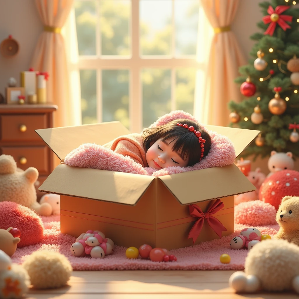  Large cardboard square box containing the Girl, adult,  sexy, Charming, with blond hair in a Christmas hat ,  lies on a soft blanket with toys and a New Year's bow ,  masterpiece fails, 8 k,  Complex details , bright colors,  best quality ,  Maximum Details ,