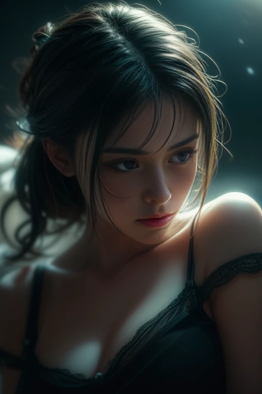 A girl lying on a bed under the starry sky，Exquisite smile，Beautiful and delicate eyes，Beautiful and delicate lips，Extremely detailed face and eyes，Long eyelashes，Full body，belly button，best quality，excellent work，((Full body view))，Cross-legged