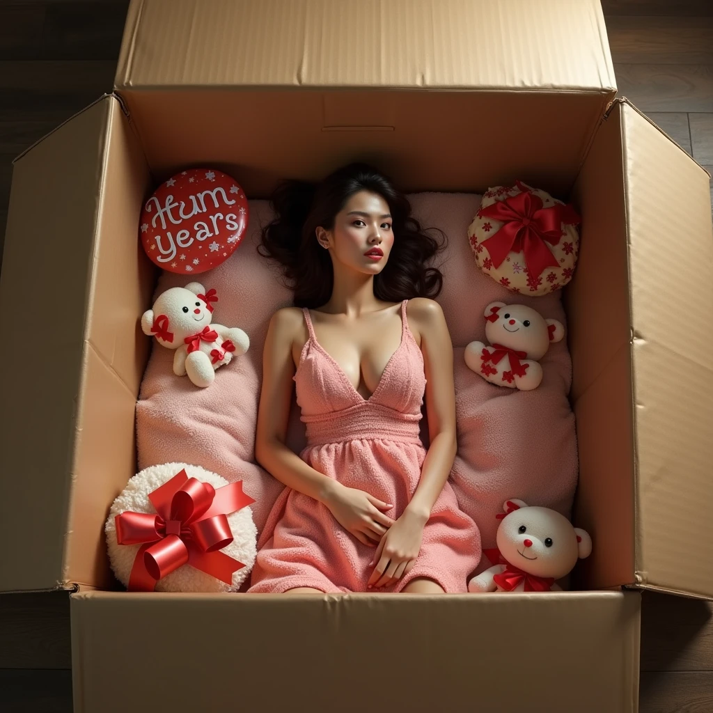  Large cardboard square box containing the Girl, adult,  sexy, Charming, with blond hair in a Christmas hat ,  lies on a soft blanket with toys and a New Year's bow ,  masterpiece fails, 8 k,  Complex details , bright colors,  best quality ,  Maximum Details ,