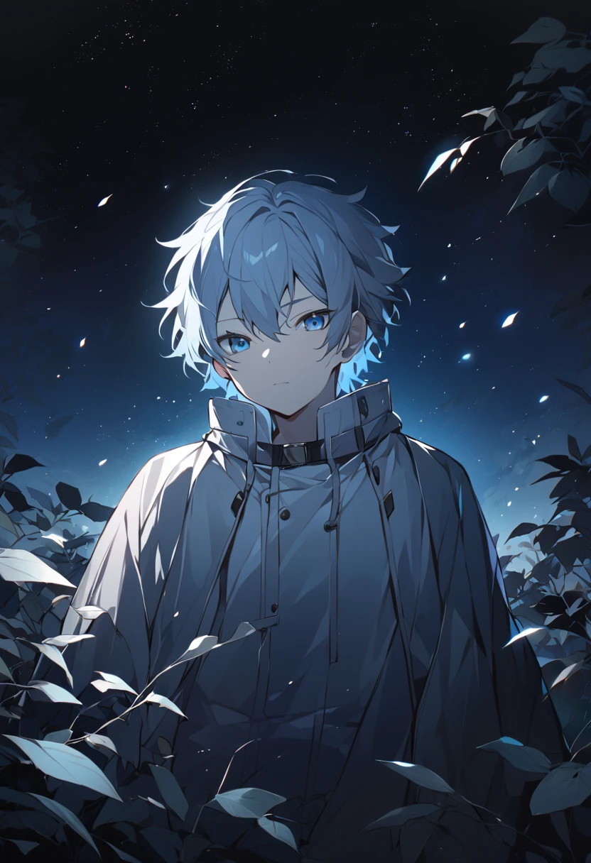 Mitsuki,boy,,solo,light-sky hair,spicky short hair,night,in leaves,moonlight,mitsuki(BNNG)