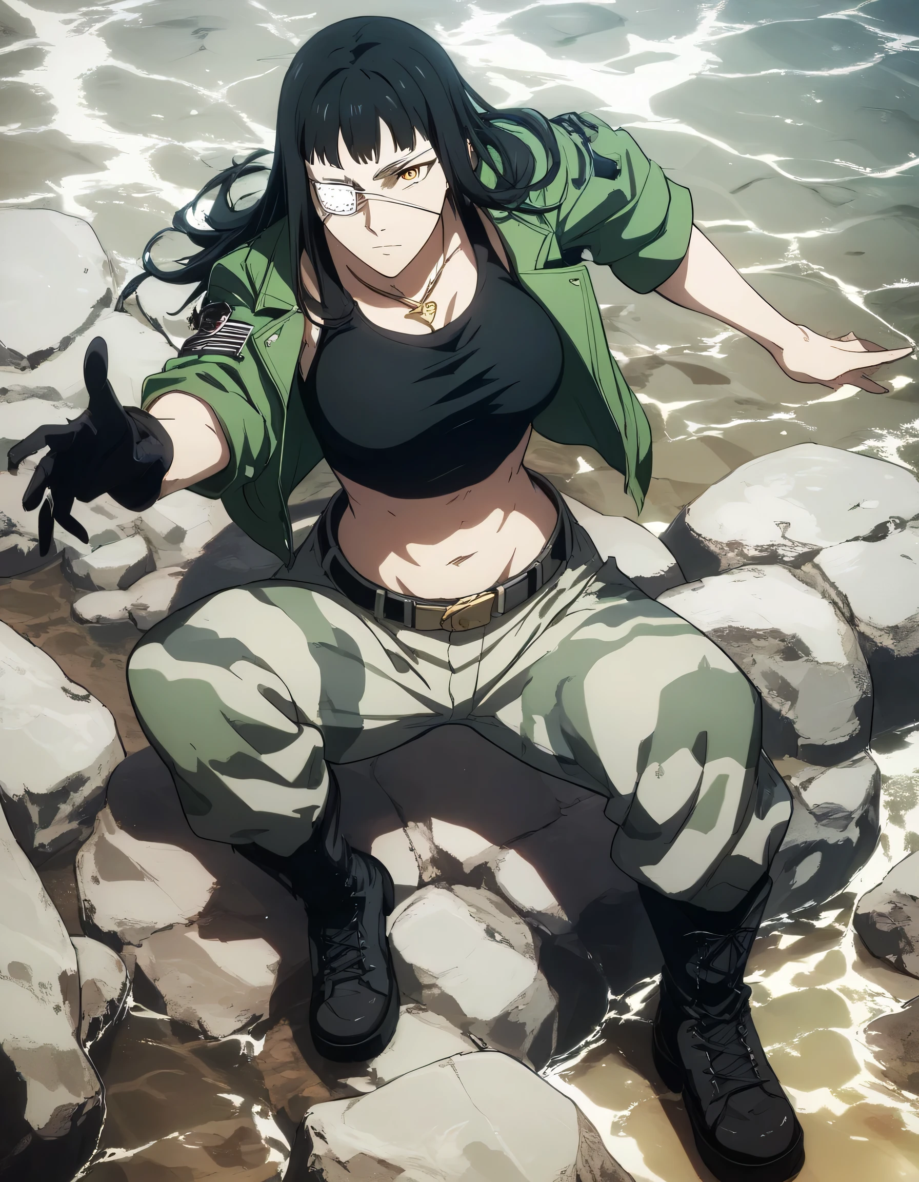 score_9, score_8_up, score_7_up,score_6_up,high resolution,source_anime,s0fiavalm3t,1girl,eyepatch,black hair,long hair,,water,rocks,volumetric lighting,rim lighting,dof,dramatic shadow,full body,dynamic pose,looking at viewer,pov,suspended in air, tattoos on shoulders,wearing military  midriff black tank top, gray camouflage camo trousers,black boots,black open gloves,necklace,open green jacket 