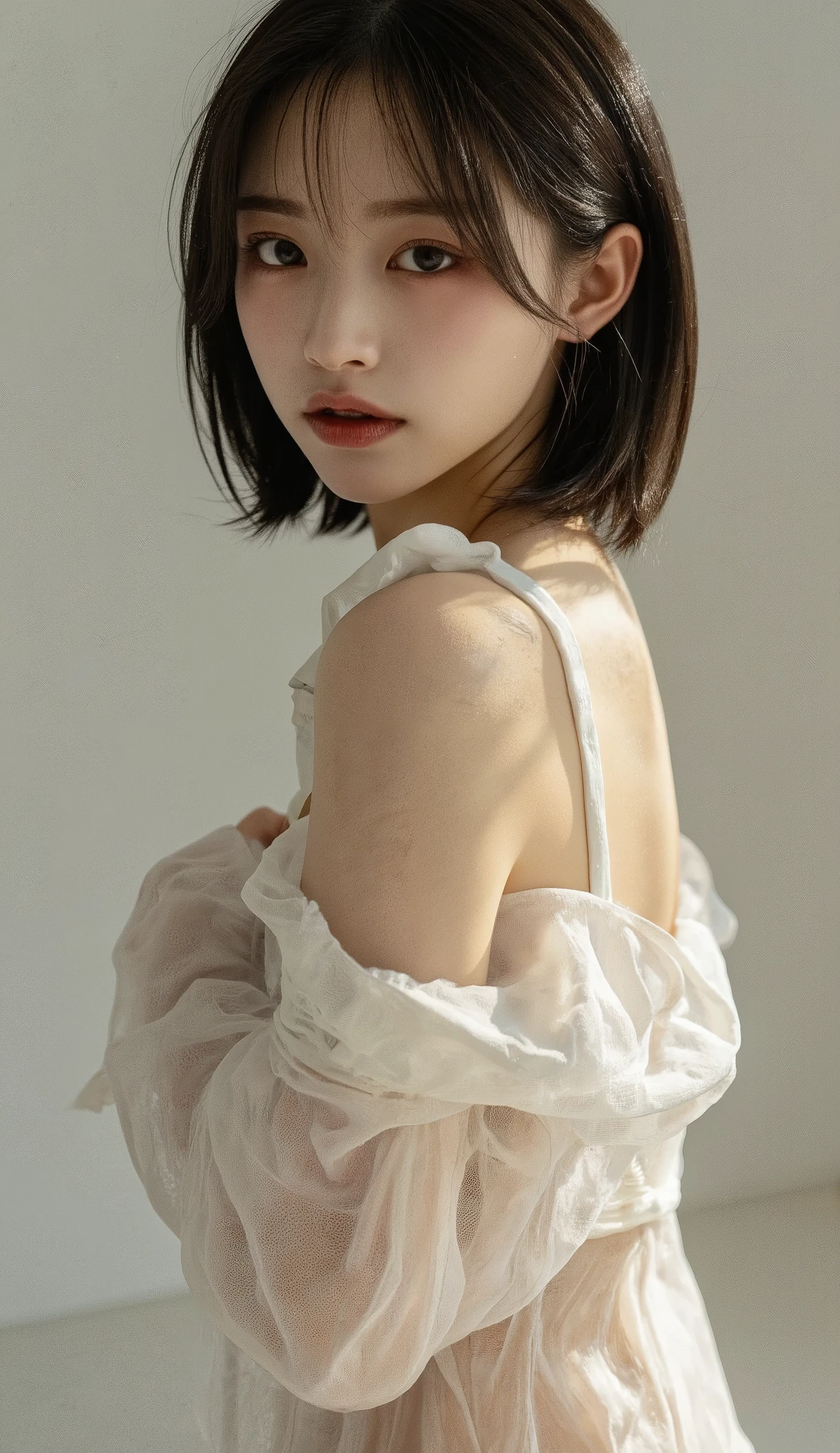 ((Best quality, 8k, Masterpiece: 1.3)), Contour: 1.2, Perfect body beauty: 1.4, Butt: 1.2, ((layered haircut, Round chest: 1.5) ), (sunny, Street: 1.3), black coat: 1.1, Highly detailed face and skin texture, Beautiful eyes, Double eyelids, White skin, Long hair, (Silent: 1.3), Full close ,Ultra HD,8K, from behind, wearing a long black coat