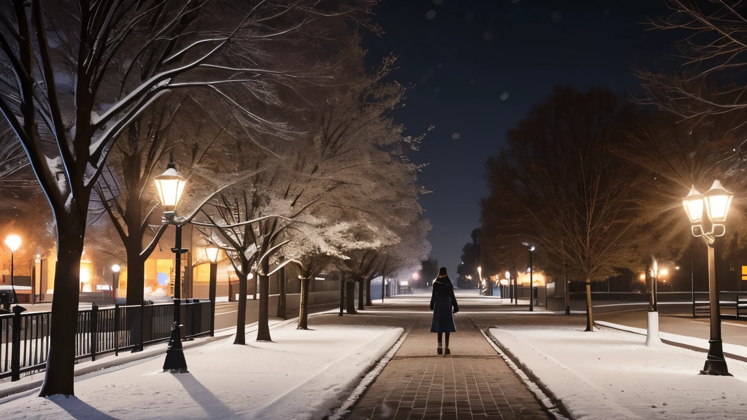 A city park in the winter, in the evening, a sidewalk, on the edge of the sidewalk poles with lighted bulbs, it's snowing quietly. On the sidewalk walks a woman dressed in a white overcoat with a flat collar. 
Quality: (the best quality, high resolution), ultra detailed, realistic, vivid colors, studio lighting. 
Art style: landscape, photography.
Color palette: cool tones, gray tones, muted reds.
Lighting: soft, diffused light reflecting off damp surfaces.