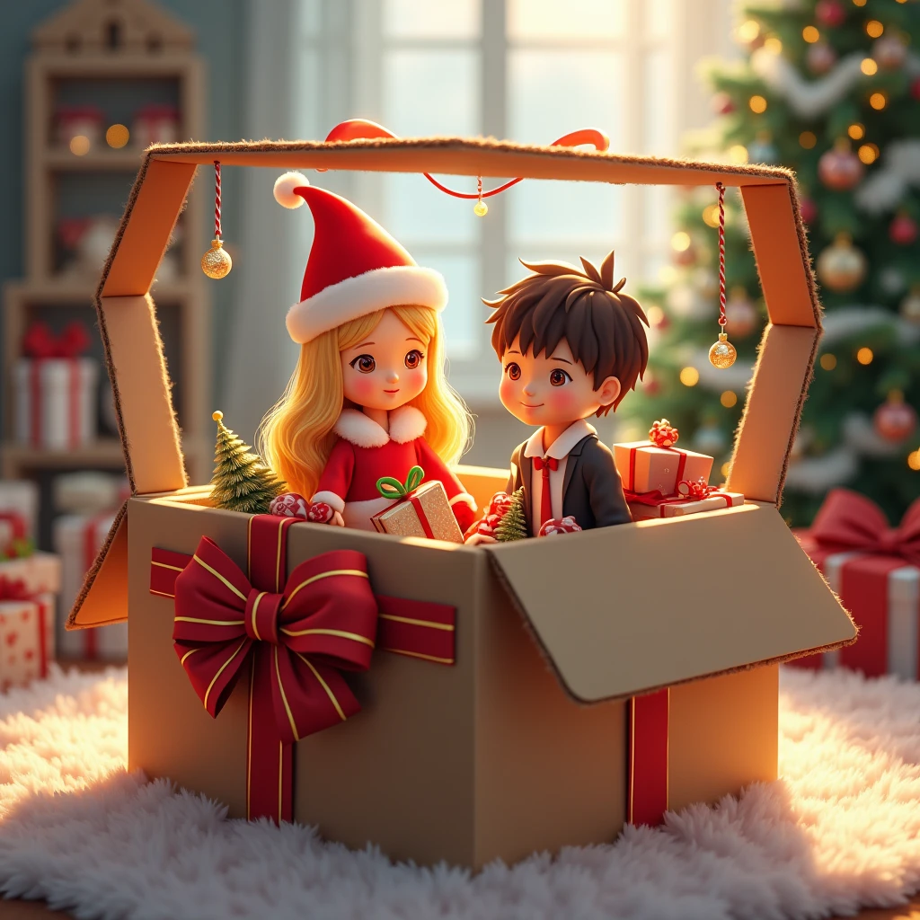  Large cardboard square box containing the Girl, adult,  sexy, Charming, with blond hair in a Christmas hat ,  lies on a soft blanket with toys and a New Year's bow ,  masterpiece fails, 8 k,  Complex details , bright colors,  best quality ,  Maximum Details ,