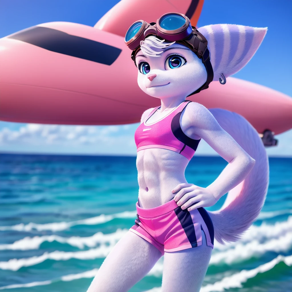 Rivet, tail, furry girl, 1girl, solo, young, pink sport shorts, pink sport bra, ocean background, standing, detailed body fur, detailed body, detailed eyes, detailed face, athletic, skinny, high quality, masterpiece, small breasts, goggles, looking at you, full body, six pack,  