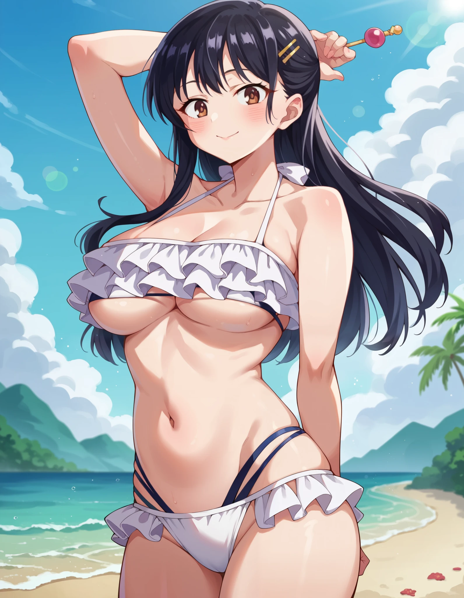 score_9, score_8_up, score_7_up, source_anime, annayamada, anna yamada, 1girl, arm behind back, arm up, black hair, bare shoulders, bikini, blush, breasts, brown eyes, cloud, collarbone, cowboy shot, frilled bikini, frills, groin, hairpin, halterneck, large breasts, lens flare 36932? long hair, looking at viewer, multi-strapped bikini bottom, multiple hairpins, navel, sky, smile, solo, standing, swimsuit, thighs, underboob, white bikini
