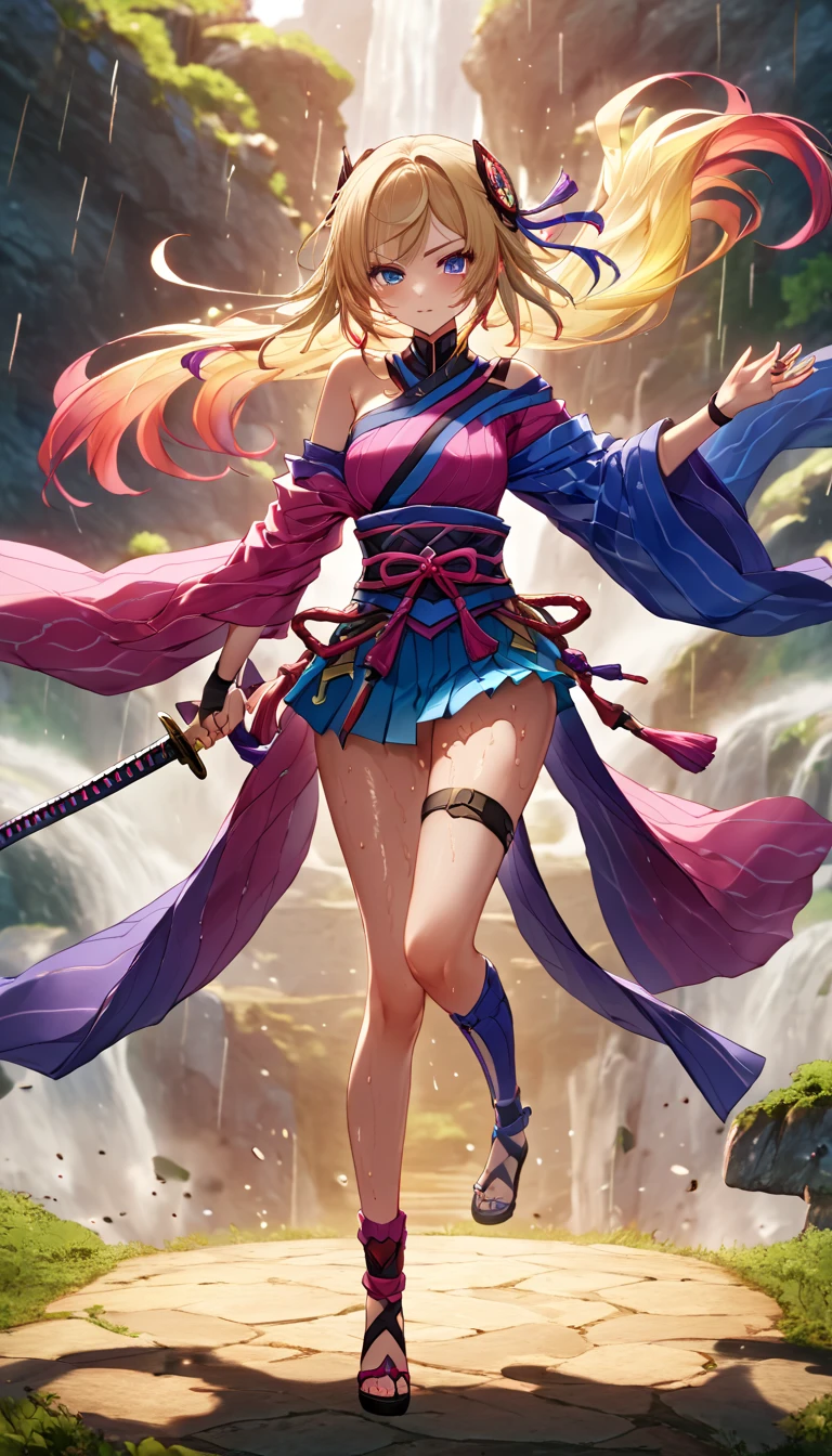 A fantastical landscape featuring a beautiful and glamorous Japanese kunoichi in a lightweight ninja outfit (random colors), with an off-shoulder design and a mini-skirt (random colors). She has brown or blonde hair, realistic skin textures, and a cute yet glamorous appearance. Covered in sweat, with noticeable streams of sweat, she wields a Japanese sword, her dynamic movements captured in a full-body shot. The scene includes flowing wind that enhances the drama and energy.