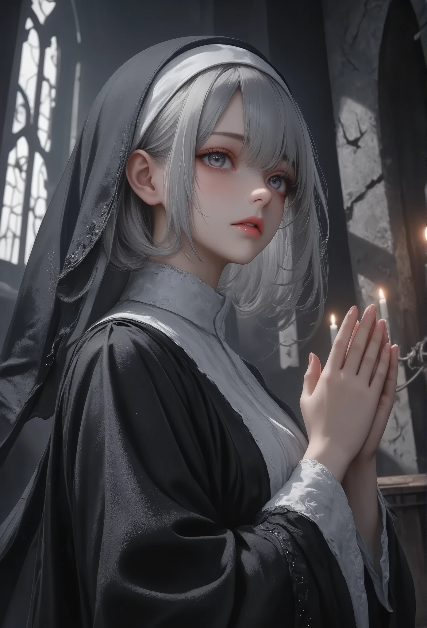 masterpiece, best quality, 8k, highres, ultra-detailed,HDR, UHD, studio lighting, ultra-fine painting, sharp focus, physically-based rendering, extreme detail description, professional, bailing_darkness
,illustration,(low angle), BREAK, 1girl, silver-haired nun, wearing a dark nun outfit with veil, praying with hands clasped, solemn expression, Absurdly beautiful, Look down,look at viewer,BREAK, no windows or stained glass, only light from candles on candelabra, dark and oppressive atmosphere, sense of despair and hopelessness, gothic and eerie vibe, shadows casting across cracked walls,girl focus,