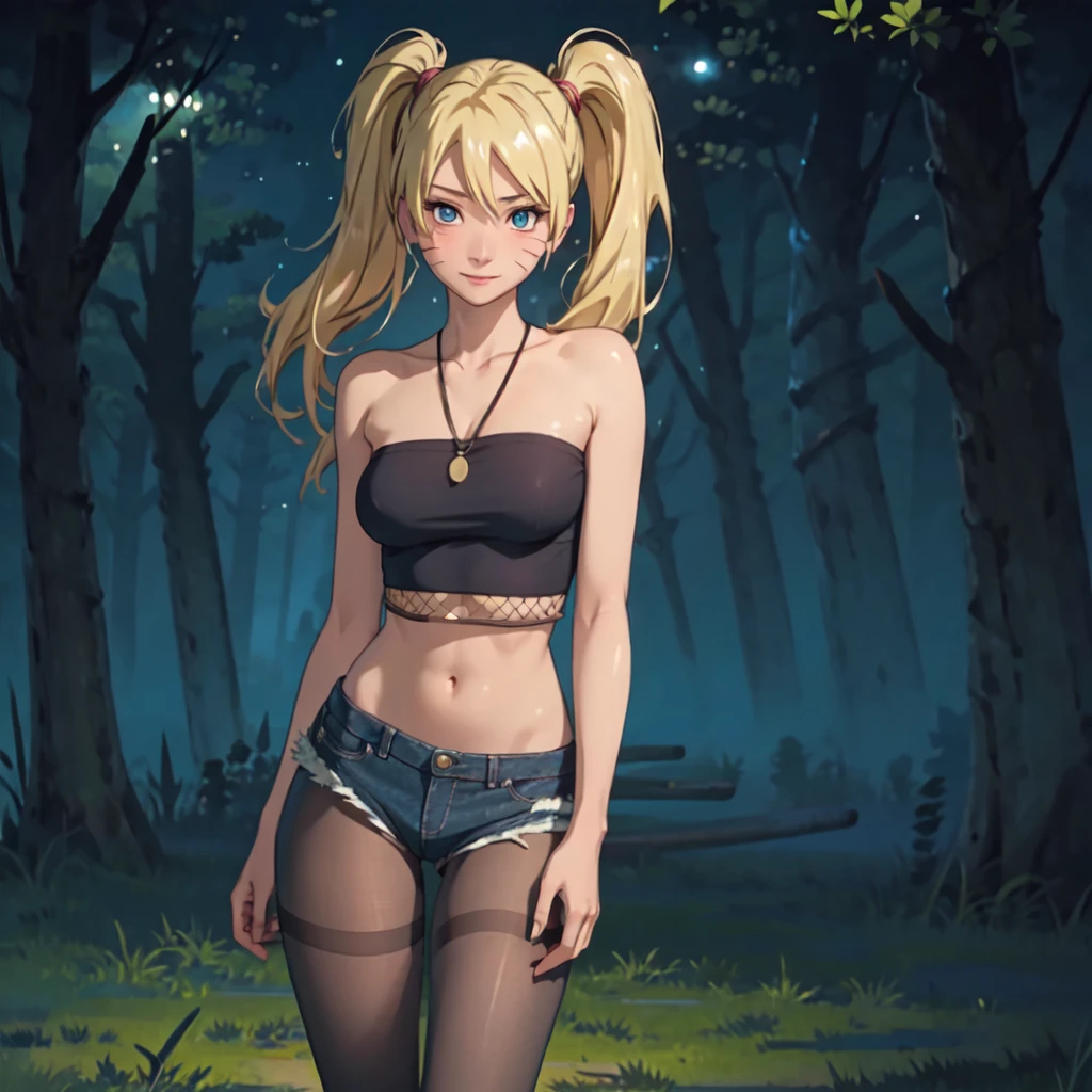 masterpiece, best quality, extremely detail 8k cg, high resolution, 1girl, mature female, SexyJusuNaruto_Naruko_ownwaifu, 1girl, blonde hair, naruko \(naruto\), twintails, long hair, facial mark, whiskers, whisker markings, blue eyes, medium breasts, hair between eyes, bangs, midriff, denim shorts, fishnet pantyhose, bare shoulders, collarbone, beautiful face, smirk, night time, konohavillage, outdoors, Prostitution, prostitute, shorts down, panties down, virgin pussy, beautiful legs, beautiful pussy, pussy juices, sexy legs, night time, dark sky, dark atmosphere, lighting off, lights off, standing, 