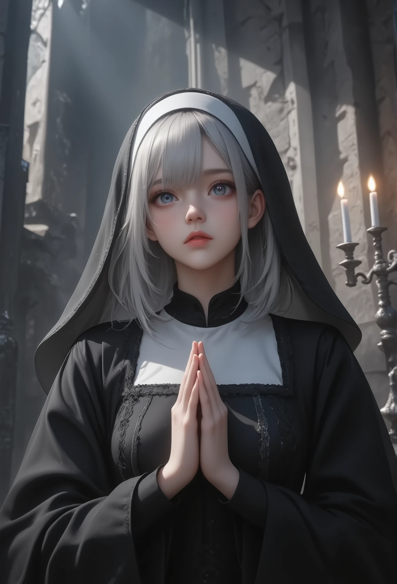 masterpiece, best quality, 8k, highres, ultra-detailed,HDR, UHD, studio lighting, ultra-fine painting, sharp focus, physically-based rendering, extreme detail description, professional, bailing_darkness
,illustration,(low angle), BREAK, 1girl, silver-haired nun, wearing a dark nun outfit with veil, praying with hands clasped, solemn expression, Absurdly beautiful, Look down,look at viewer,BREAK, no windows or stained glass, only light from candles on candelabra, dark and oppressive atmosphere, sense of despair and hopelessness, gothic and eerie vibe, shadows casting across cracked walls,girl focus,