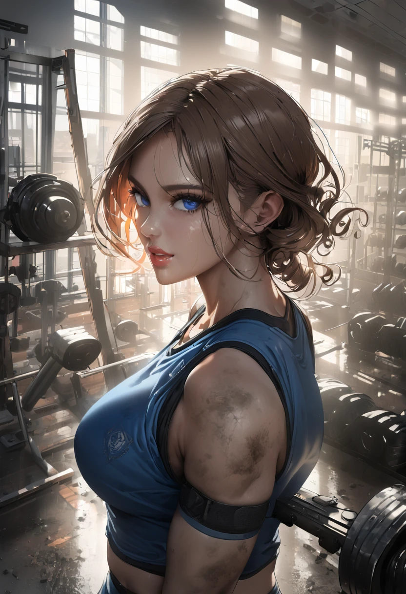 Jill Valentine da resident evil,(best qualityer,4K,8k,high resolution,work of art:1.2), gym background, mirror in gym, gym, short curly hair, brown hair, blue sleeveless top, tight mini skirt, harness, white panties, gym outfit, lifted dumbellpose, ultra detailed,portrait,realistic,beautiful detailed blue eyes, beautiful detailed lips,extremely detailed eye and face, long eyelashes,average,large breasts,flying hair,beaming smile, sexy smile,powerful girl, bright coloured, dramatic lighting, dirty clothes,ass bouncy, big breast, thight