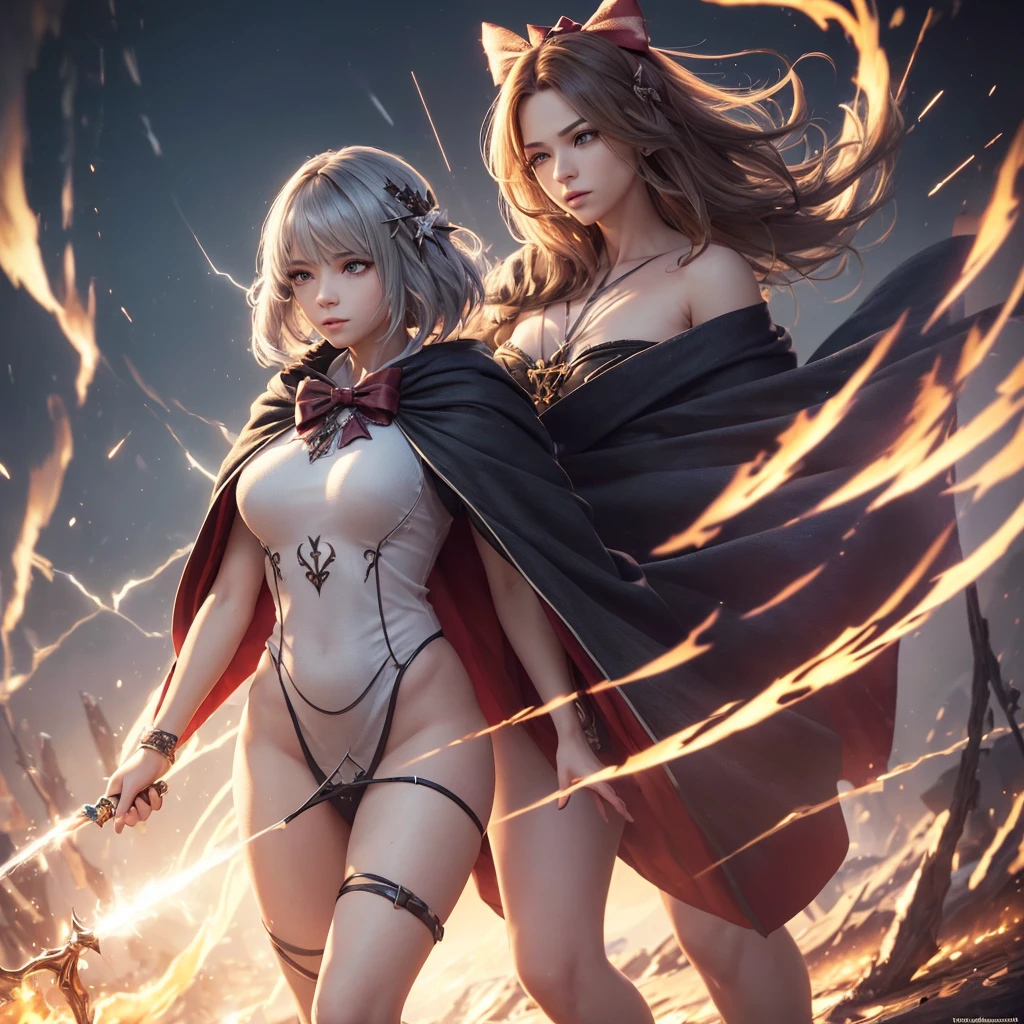 Enoshima Junko versus Tachibana Kanade Enter a world where warrior angel women exude sensuality and divine power, personifying aesthetic perfection and impressive elemental abilities. With voluptuous bodies, attractive curves and striking features, they stand out as symbols of desire and strength. Each of these warrior angels possesses dominion over a specific element—earth, water, fire, or air—channeling them into their fight against threats to their sacred lands. With their splendid wings and dazzling armor, they seduce by both appearance and power. Explore the intersection between sensuality and the ability to control the natural elements as these warrior angel women face epic challenges and reveal their emotional and moral complexity. Digital painting with flowing brushstrokes and vibrant colors to highlight the beauty and strength of warrior angel women, share on social media with hashtags: #AnjosGuerreiras #PoderSensual --ar 16:9 --v 5