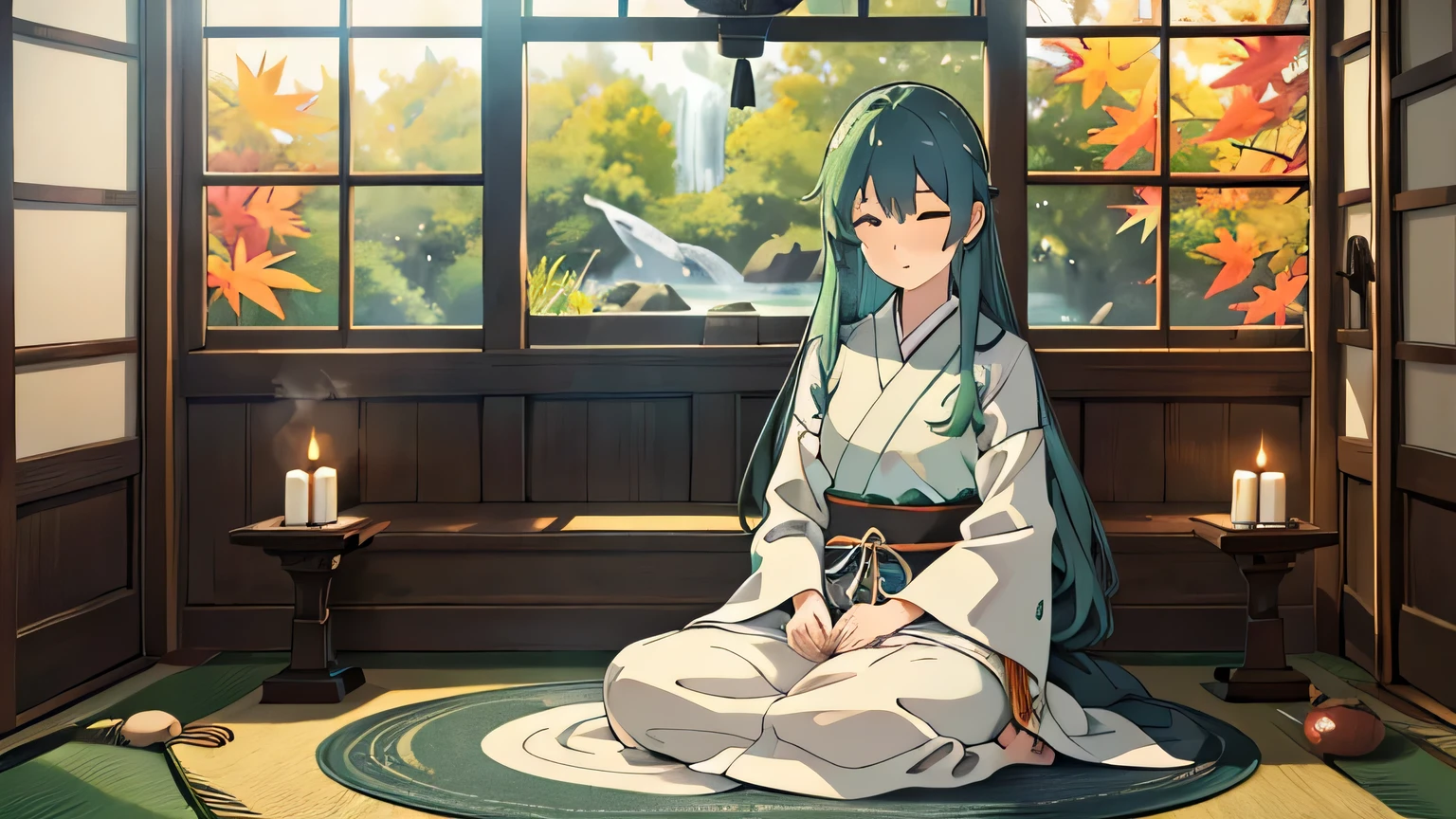  A young Japanese woman sits on one Tranquil meditation space ， brings a relaxing atmosphere Detailed face , long hair,  Beautiful eyes , Elegant expression ,  Warm autumn color ,  Sunlight through the leaves ,  Delicate leaves ,  Charming country landscape ,  movie lights , realistic , masterpiece
， features soft natural light penetrating through the window ， Abundant indoor greenery ， and the harmonious combination of natural wood and stone elements 。 Lies in the room The circular meditation mat ， Altar with a small fountain with glowing crystals and gently flowing water in the center。 The overall atmosphere is created in soft tones of light blue and green ， with gently diffused light ，There is also a slight rise in aroma smoke and candlelight