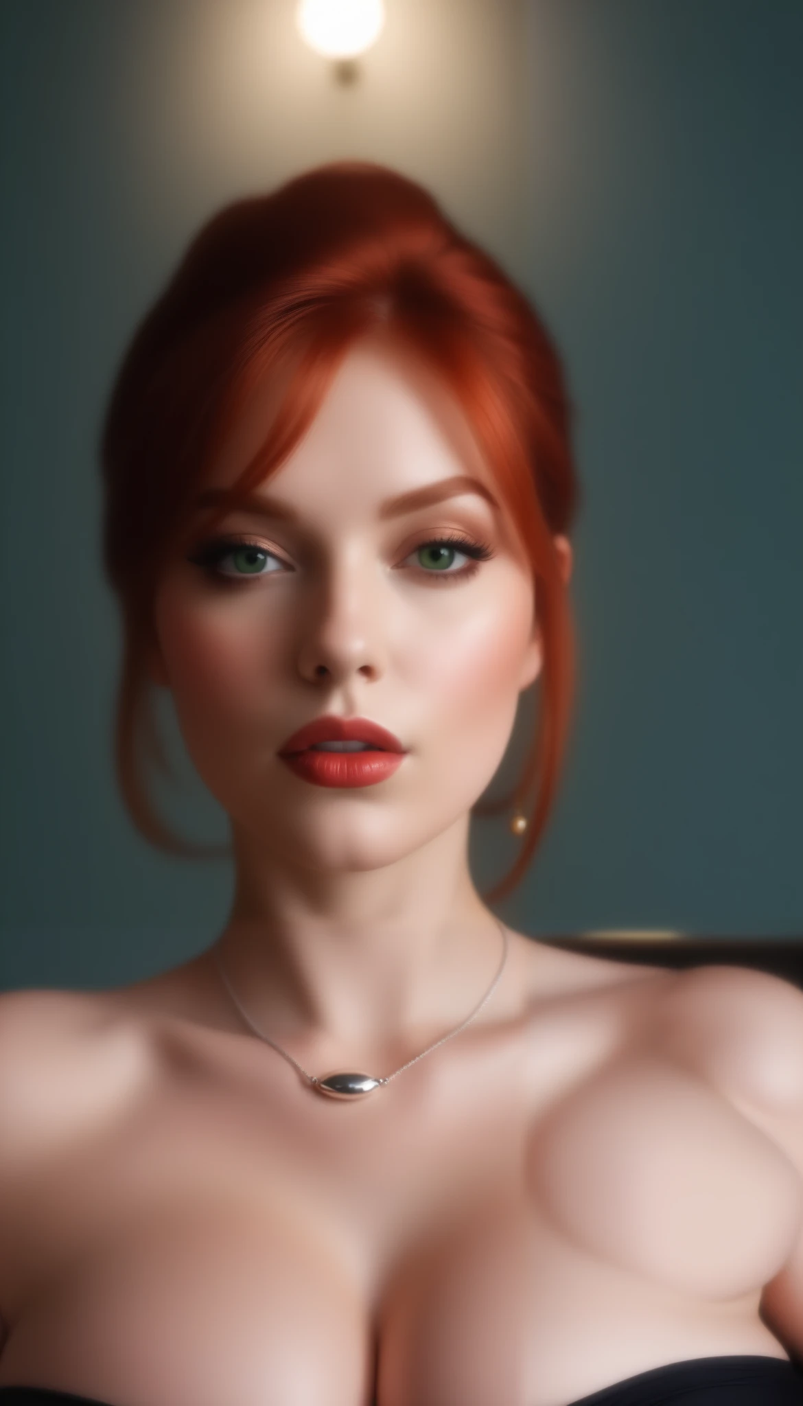 (masterpiece), (best quality), (ultra detailed),(vibrant red hair),(illustration), (1woman), standing, Fashion model, looking at viewer, (sexy), (high cheek bones) (detailed background),beautiful detailed eyes, silver necklace, delicate beautiful face,(high saturation), red hair, green eyes, pale skin, busty boobs, busty cleavage, thicc, curvy hips, sexy attire, sexy pose, whip in hand, cuck queen, domme, dominatrix, thick thighs, curvaceous woman