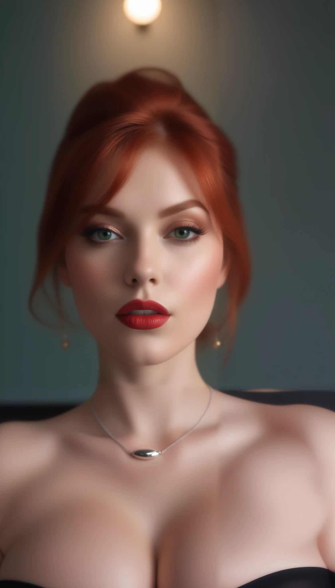 (masterpiece), (best quality), (ultra detailed),(vibrant red hair),(illustration), (1woman), standing, Fashion model, looking at viewer, (sexy), (high cheek bones) (detailed background),beautiful detailed eyes, silver necklace, delicate beautiful face,(high saturation), red hair, green eyes, pale skin, busty boobs, busty cleavage, thicc, curvy hips, sexy attire, sexy pose, whip in hand, cuck queen, domme, dominatrix, thick thighs, curvaceous woman