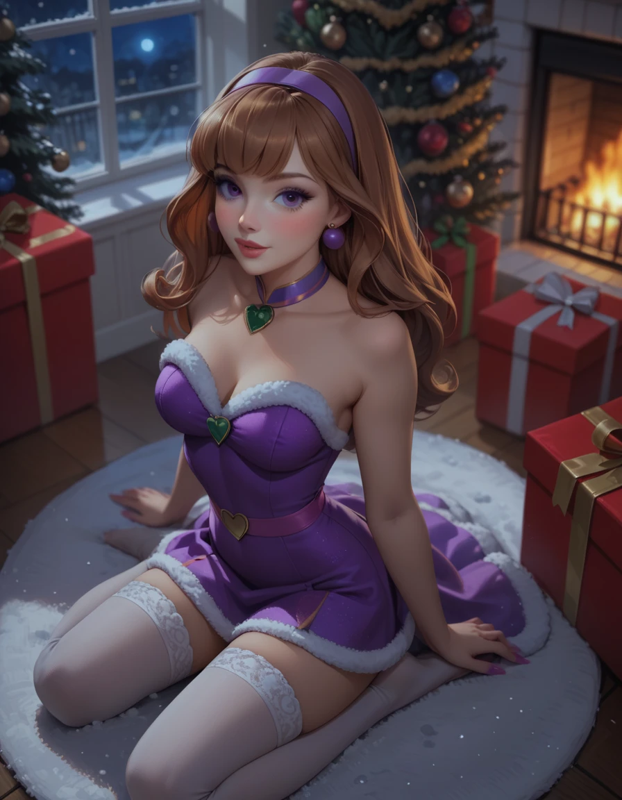 score_9, score_8_up, score_7_up, 1girl, solo, beautiful waifu, thicc, (Daphne Blake:1.2), wearing (sexy Mrs Clause dress, short dress:1.2), (bare arms, bare shoulders:1.1), (white thighhighs:1.1), detailed eyes, detailed face, flirt, (sexy pose:1.2), in cozy winter lodge, living room, fireplace, kneeling in front of Christmas tree, Christmas these, Christmas decorations, wrapped presents, lowlight, (night:1.3), shallow depth of field, (high angle, shot from above:1.3).