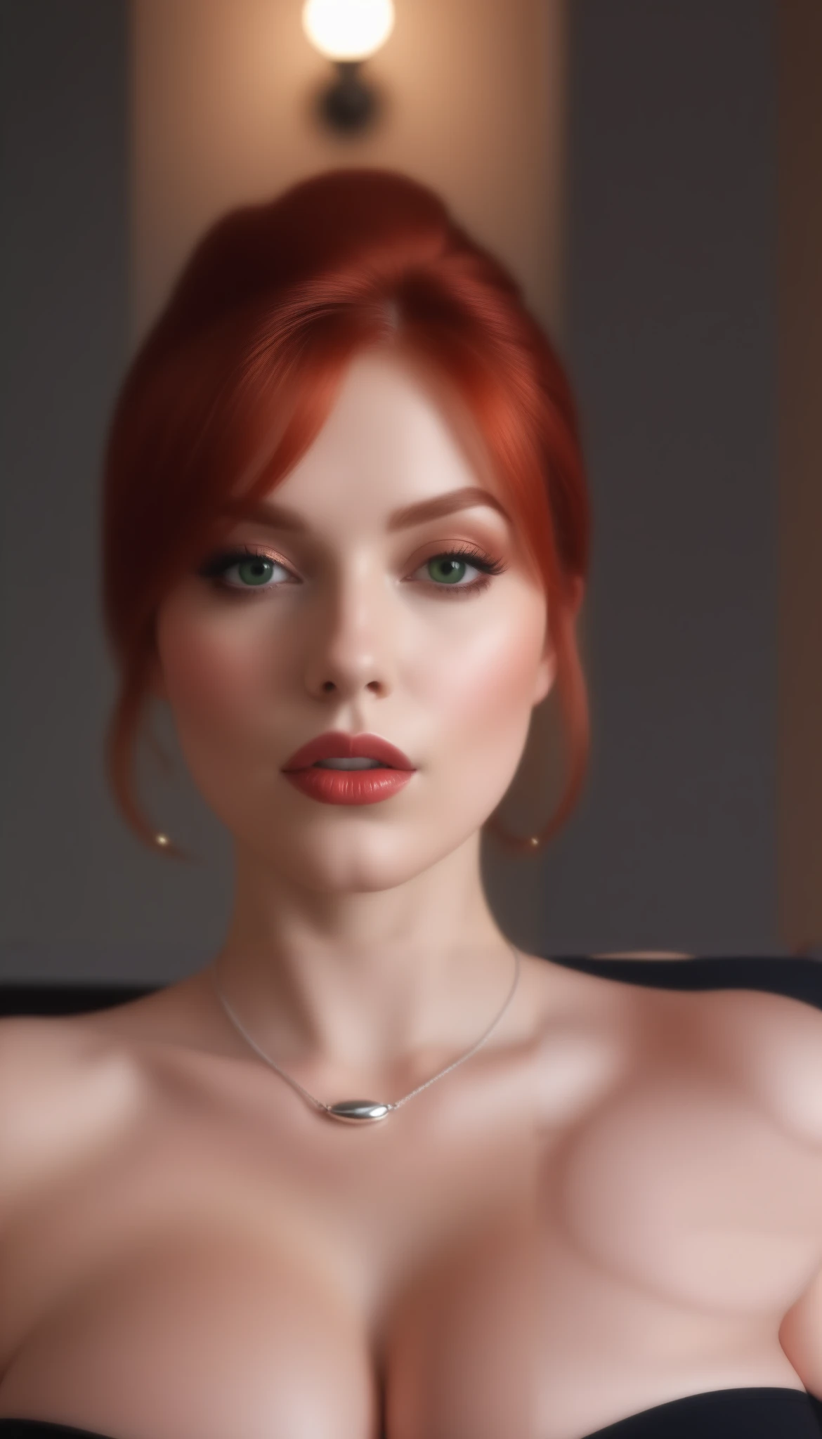 (masterpiece), (best quality), (ultra detailed),(vibrant red hair),(illustration), (1woman), standing, Fashion model, looking at viewer, (sexy), (high cheek bones) (detailed background),beautiful detailed eyes, silver necklace, delicate beautiful face,(high saturation), red hair, green eyes, pale skin, busty boobs, busty cleavage, thicc, curvy hips, sexy attire, sexy pose, whip in hand, cuck queen, domme, dominatrix, thick thighs, curvaceous woman