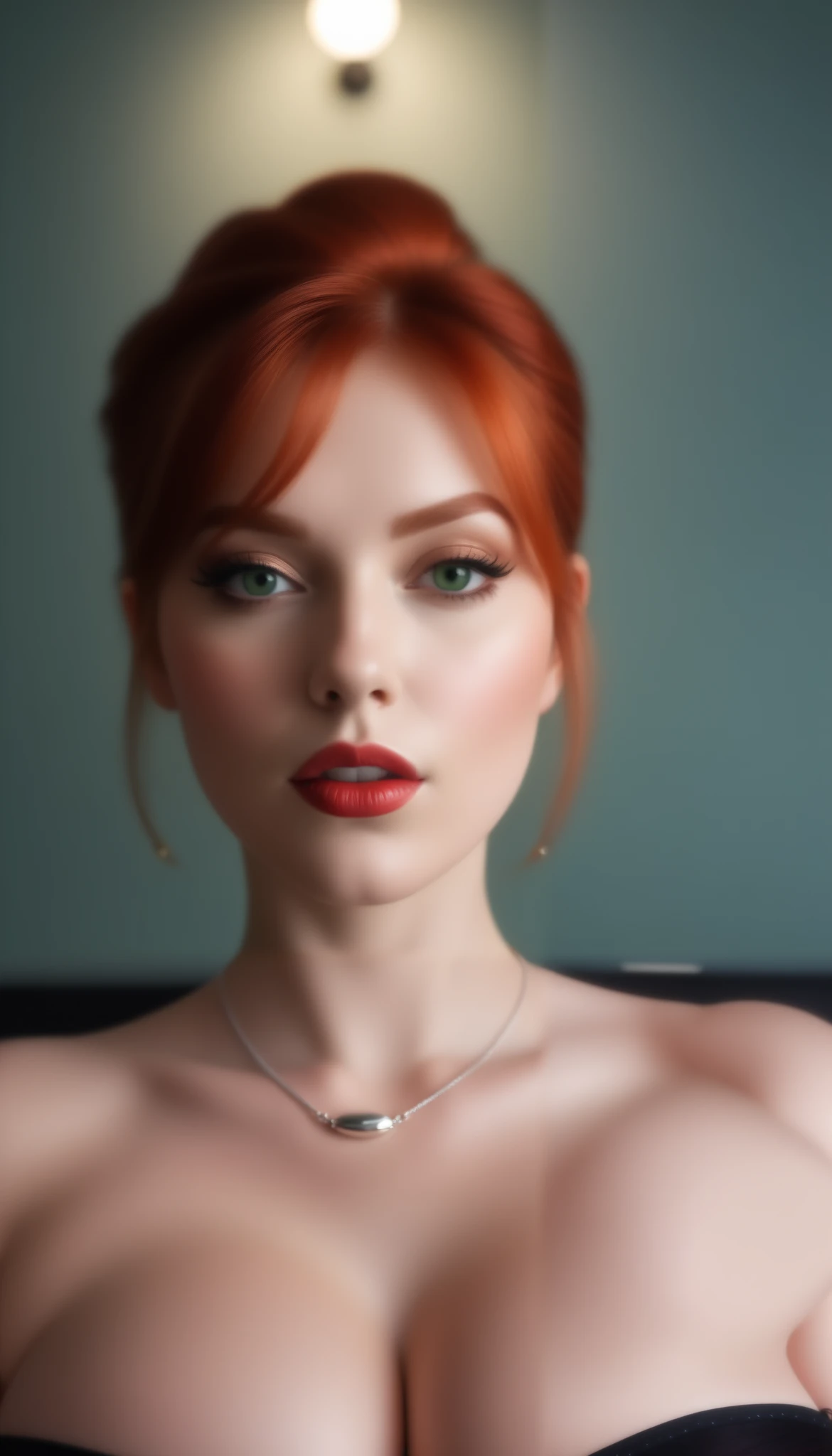 (masterpiece), (best quality), (ultra detailed),(vibrant red hair),(illustration), (1woman), standing, Fashion model, looking at viewer, (sexy), (high cheek bones) (detailed background),beautiful detailed eyes, silver necklace, delicate beautiful face,(high saturation), red hair, green eyes, pale skin, busty boobs, busty cleavage, thicc, curvy hips, sexy attire, sexy pose, whip in hand, cuck queen, domme, dominatrix, thick thighs, curvaceous woman