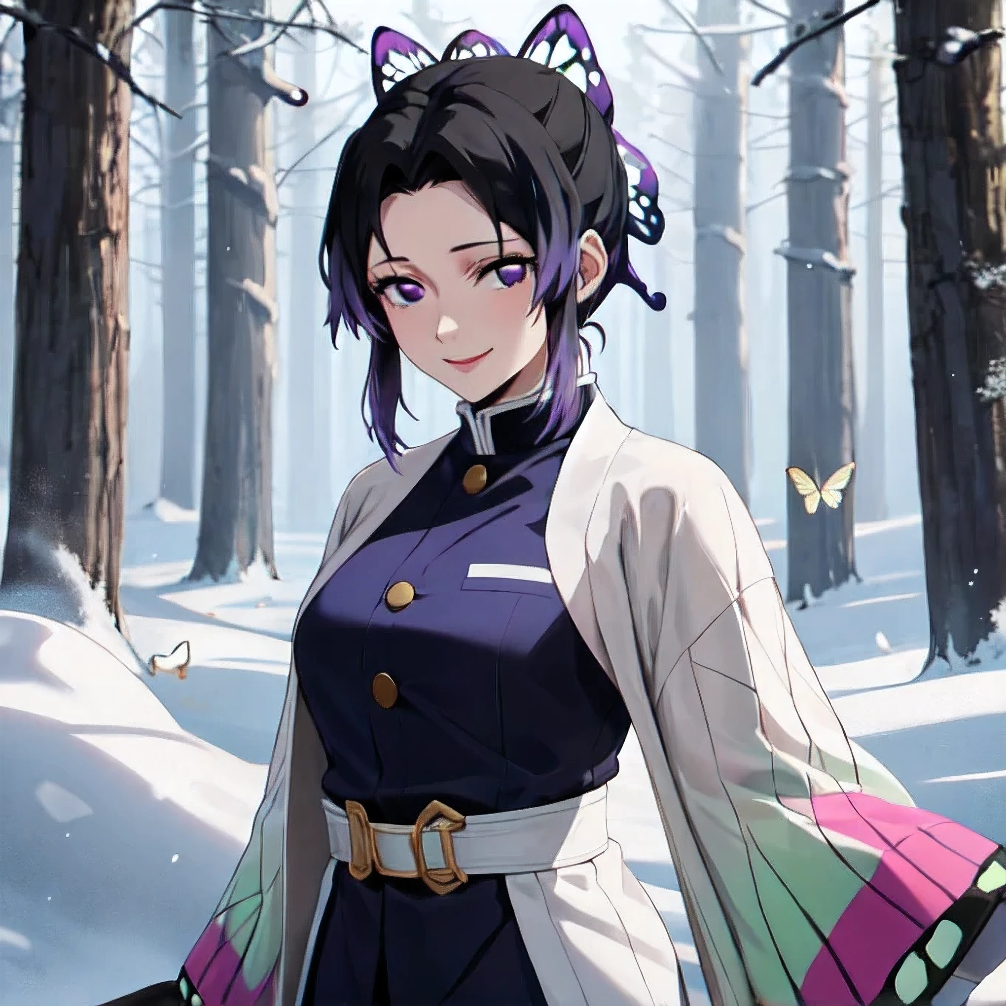 (masterpiece,hires), (2.5D:0.2), attractive woman, 1girl, short hair, kochou shinobu,(seductive evil smile:1.2) , female focus,   Shinobu Kocho from Demon Slayer, standing gracefully in a sunny field filled with butterflies. She is wearing her winter dress. The background is a snow covered forest.she is standing in the middle . The sky is clear, with sunlight gently illuminating Shinobu and casting soft shadows. Colorful butterflies are flying around her, creating a peaceful and enchanting atmosphere. The overall style is clean and vibrant, with high-resolution details. No distortions or artifacts. , simple background,  looking at viewer, natural lighting,      