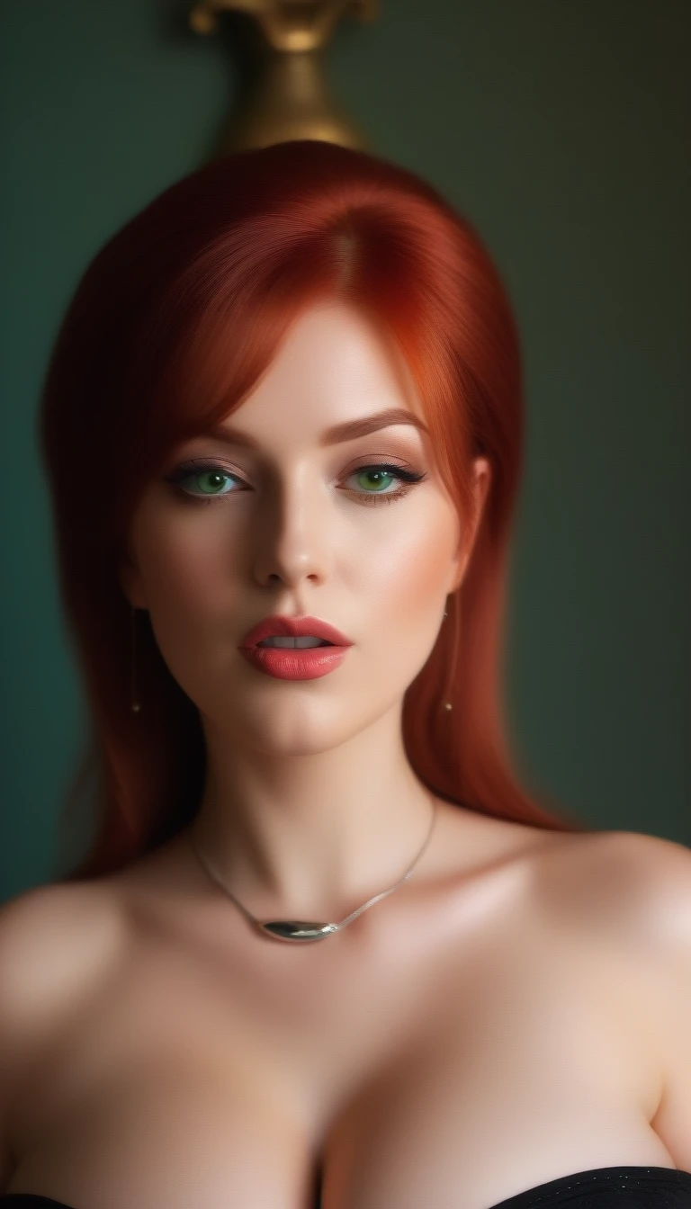 (masterpiece), (best quality), (ultra detailed),(vibrant red hair),(illustration), (1woman), standing, Fashion model, looking at viewer, (sexy), (high cheek bones) (detailed background),beautiful detailed eyes, silver necklace, delicate beautiful face,(high saturation), red hair, green eyes, pale skin, busty boobs, busty cleavage, thicc, curvy hips, sexy attire, sexy pose, whip in hand, cuck queen, domme, dominatrix, thick thighs, curvaceous woman