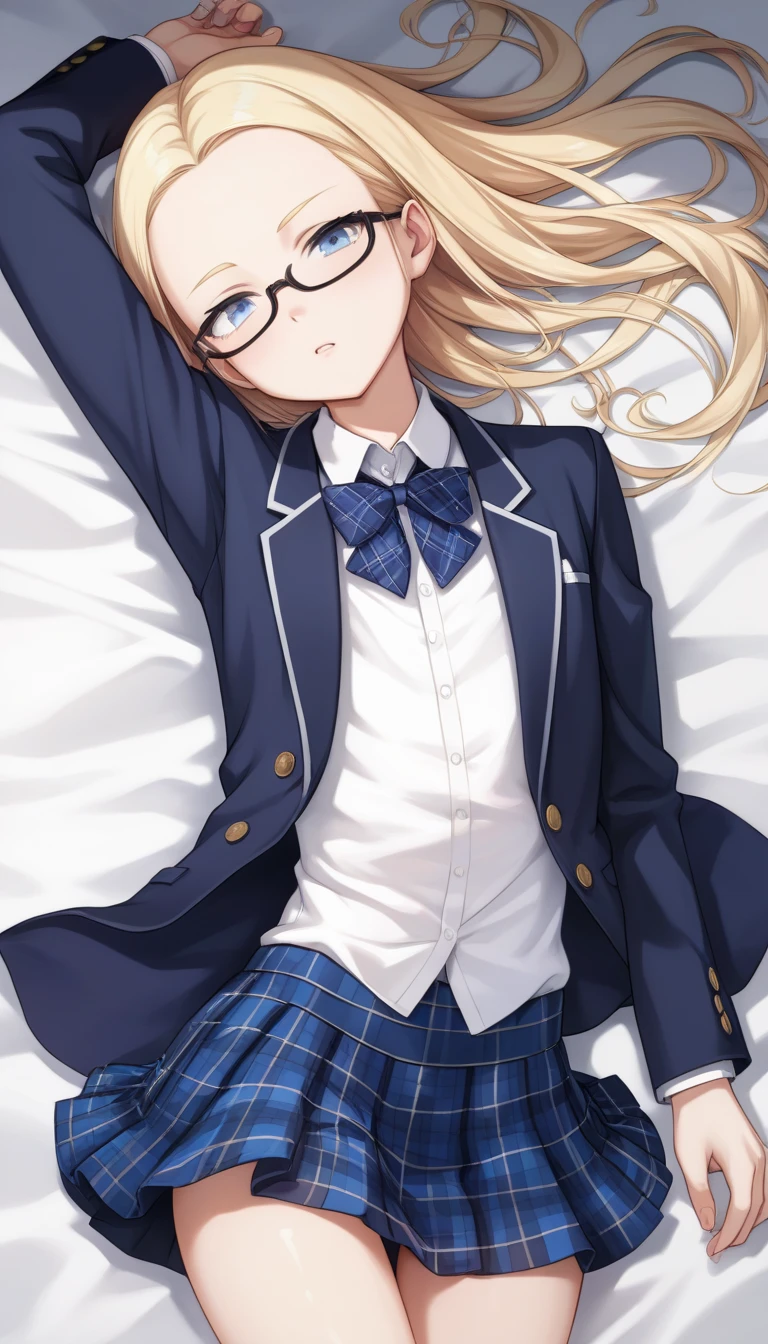 score_9, score_8_up, score_7_up,quality_masterpiece, quality_best,rating_safe,source_anime,BREAK,
skinny,flat chested,(forehead,all back hair,short hair:1.3),blonde hair,(blue eyes),(black nodoka glasses),thin eyebrows, false eyelashes,BREAK,
 ((dark blue blazer, tartan check skirt)),
hands on hips,standing, legs apart,half-smile