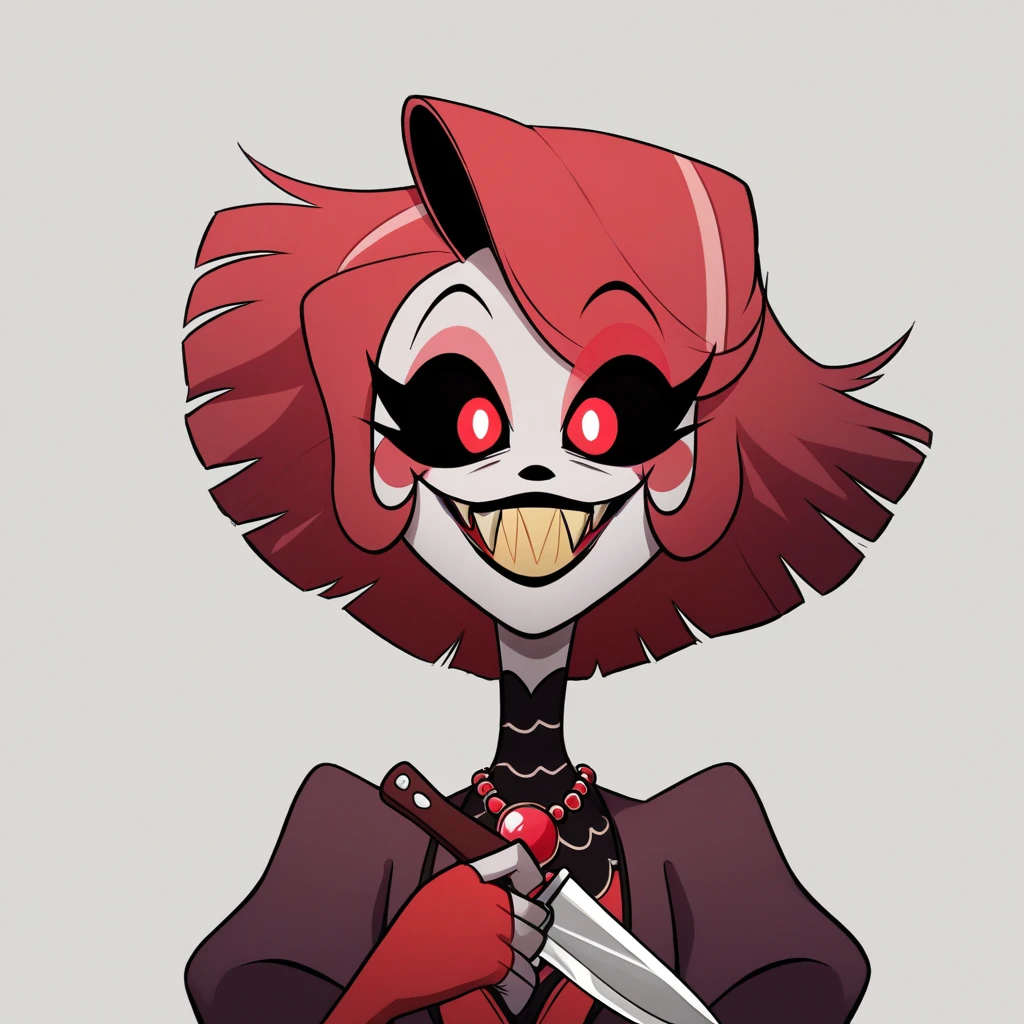 puntaje_7_arriba, BREAK, HAZBINHOTELCHARACTER, 1 chica, solo,  pelo nego, cabello largo, red dark eyes, tiene, vestido, arribaper body, dentro,  Hazbin Hotel screenshot of a cannibal girl, a 23-year-old girl with an elegant and sinister appearance, with a slender and tall figure, pale skin and eyes without pupils or shine, completely crimson red. Her hair is black as night and is always down, it has red highlights that give it a unique touch. She wears a Victorian Gothic dress decorated with lace and dark red details, she also wears satin gloves, fingerless mittens and a necklace with a knife pendant and small red pearls. Hazbin Hotel style. VivziePop's drawing style. Her expression is a smile that shows her sharp fangs. She is the daughter of the cannibal woman Rosie