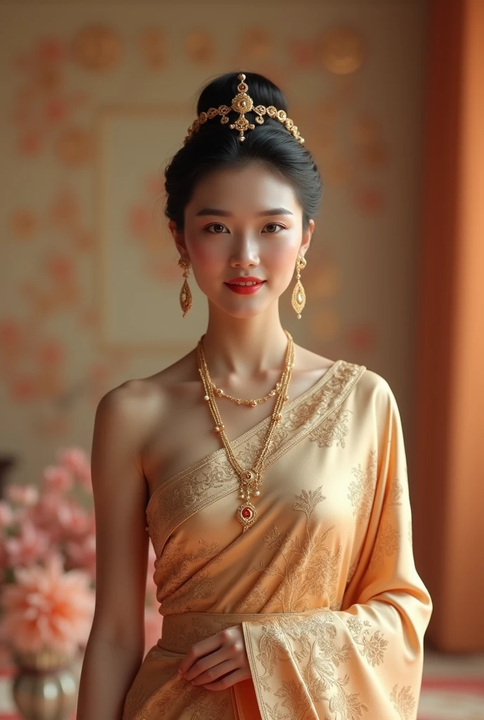 (best quality,4k,8k,highres,masterpiece:1.2),ultra-detailed,(realistic,photorealistic,photo-realistic:1.37),stunning Burmese patterned traditional dress lady, MMTD BURMESE PATTERNED TRADITIONAL DRESS WEAR BEAUTIFUL queen,WEAR PEARL NECKLACES AND GOLD BRACELETS,FULL BODY DETAILS BEAUTY, beautifully adorned,eye-catching brocade patterns,rich and vibrant colors,detailed embroidery work,exquisite textures,meticulously handcrafted dress,vividly captures the essence of Burmese culture,traditional floral motifs,graceful silhouette,fine folds and pleats,accentuates the lady's elegance,black single bun hair with flower,intricately arranged hairpiece,delicate and feminine,adds a touch of sophistication,soft yet confident expression,deep and captivating eyes,lustrous lips with a hint of a smile,flawless complexion,golden accessories,polished and refined,mesmerizing presence,subtle lighting,dramatic shadows,showcases the lady's grace and beauty,immersive visual experience, full body photoshoot, perfect body, perfect hands, big bust.