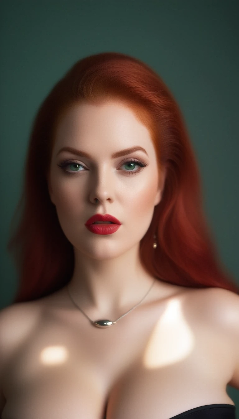 (masterpiece), (best quality), (ultra detailed),(vibrant red hair),(illustration), (1woman), standing, Fashion model, looking at viewer, (sexy), (high cheek bones) (detailed background),beautiful detailed eyes, silver necklace, delicate beautiful face,(high saturation), red hair, green eyes, pale skin, busty boobs, busty cleavage, thicc, curvy hips, sexy attire, sexy pose, whip in hand, cuck queen, domme, dominatrix, thick thighs, curvaceous woman