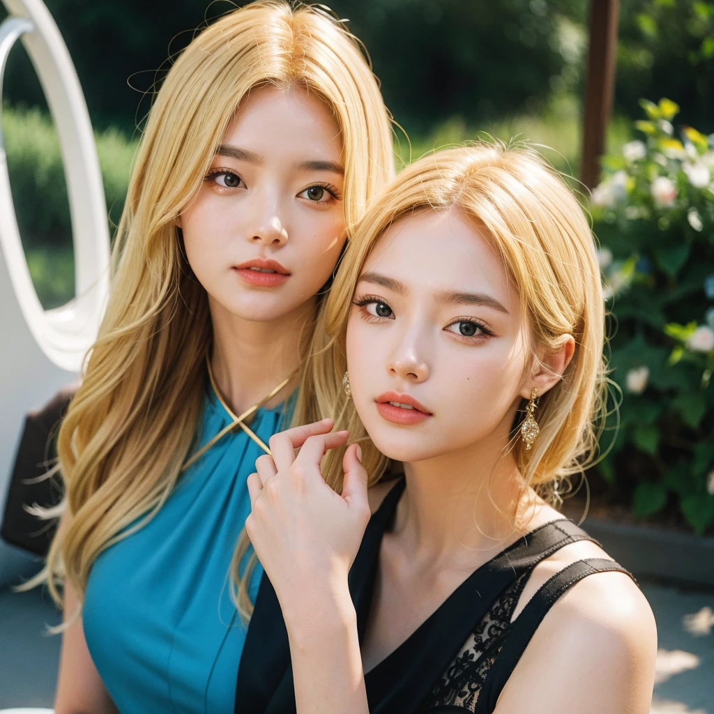 (photorealistic:1.4), 2girls, blonde hair, jewelry, looking at viewer, black hair, long hair, blurry, cheek-to-cheek, heads together, blurry background, earrings, mole, necklace, lips, hair ribbon, ribbon, bangs, black eyes, realistic, brown eyes, indoors, <lora:koreanDollLikeness_v15 (1):1>